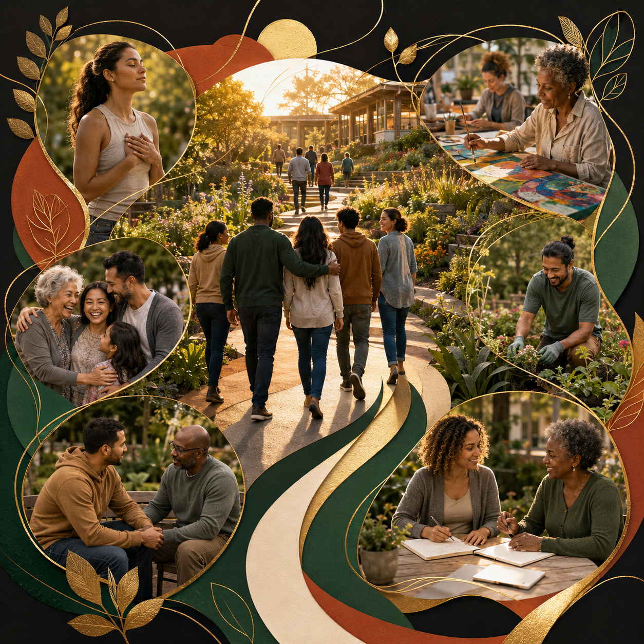 A collage of images showing diverse people enjoying nature and gardening, including walking through a garden, planting, and engaging in conversations, with decorative gold and colored paper accents.