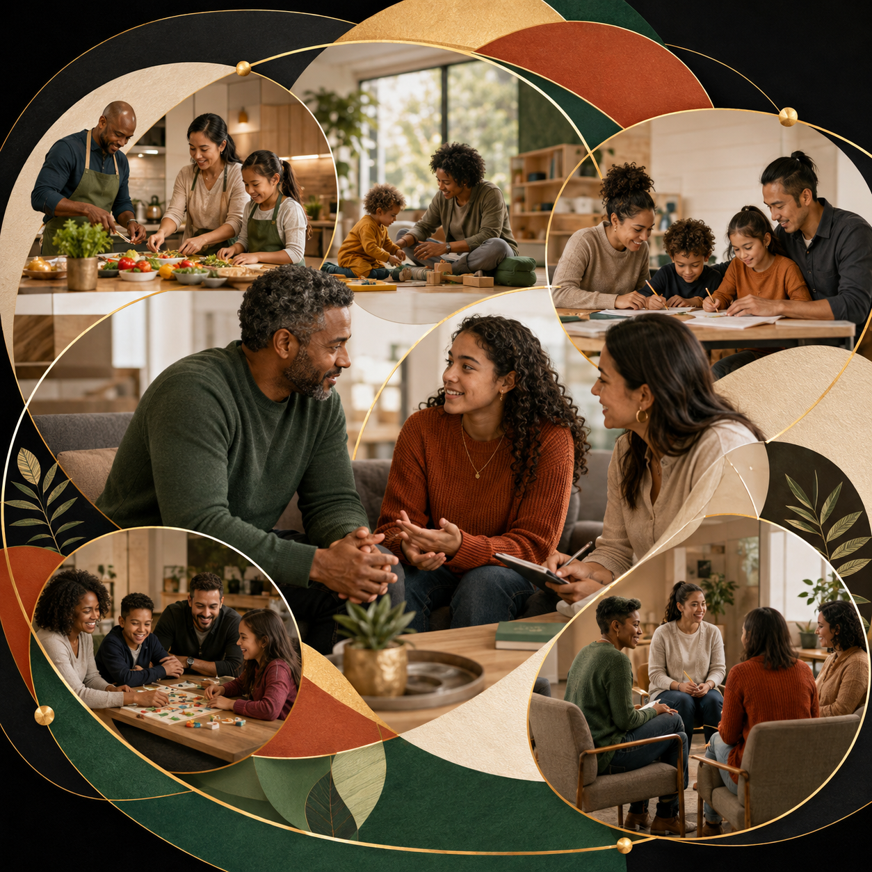 A collage of photos showing families and friends engaging in various activities like cooking together, playing, working on crafts, and having conversations in a cozy, well-lit home environment.