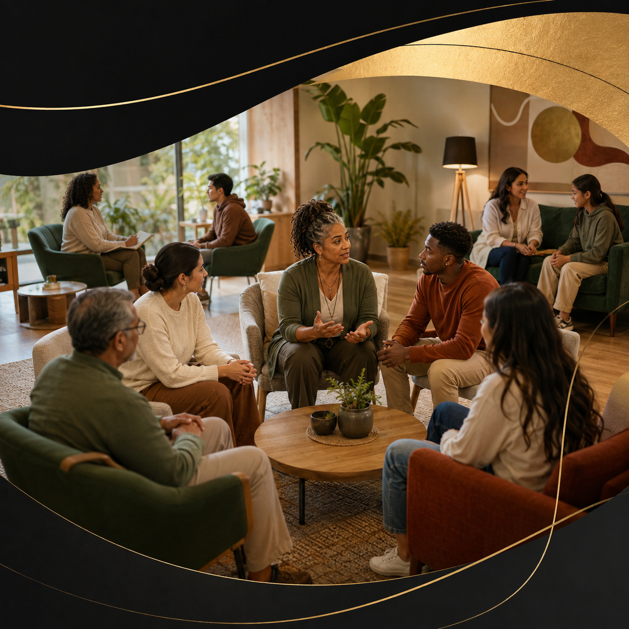 A diverse group of people engaging in group therapy or support group session in a cozy, well-lit living room with plants and artwork.