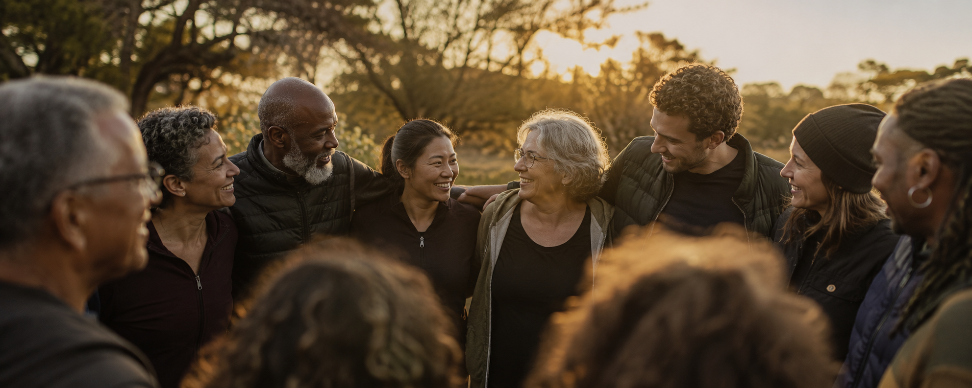 A diverse group of people in a circle outdoors during sunset, smiling and engaging in conversation.