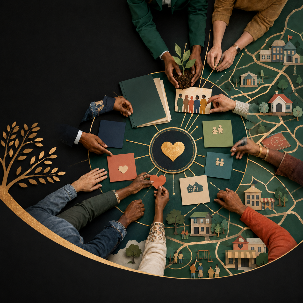 People's hands reaching towards a central heart symbol on a circular board, surrounded by paper icons of houses, hearts, and family figures, with a small model tree and houses on a green map with paths and buildings.
