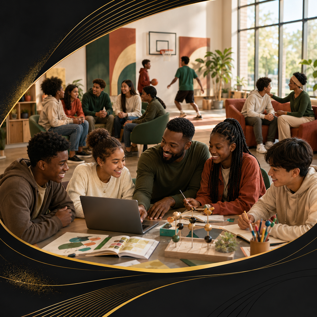 A diverse group of young people gathered around a table in a classroom or study area, engaged in a discussion using a laptop and books, with more people in the background playing basketball and socializing.