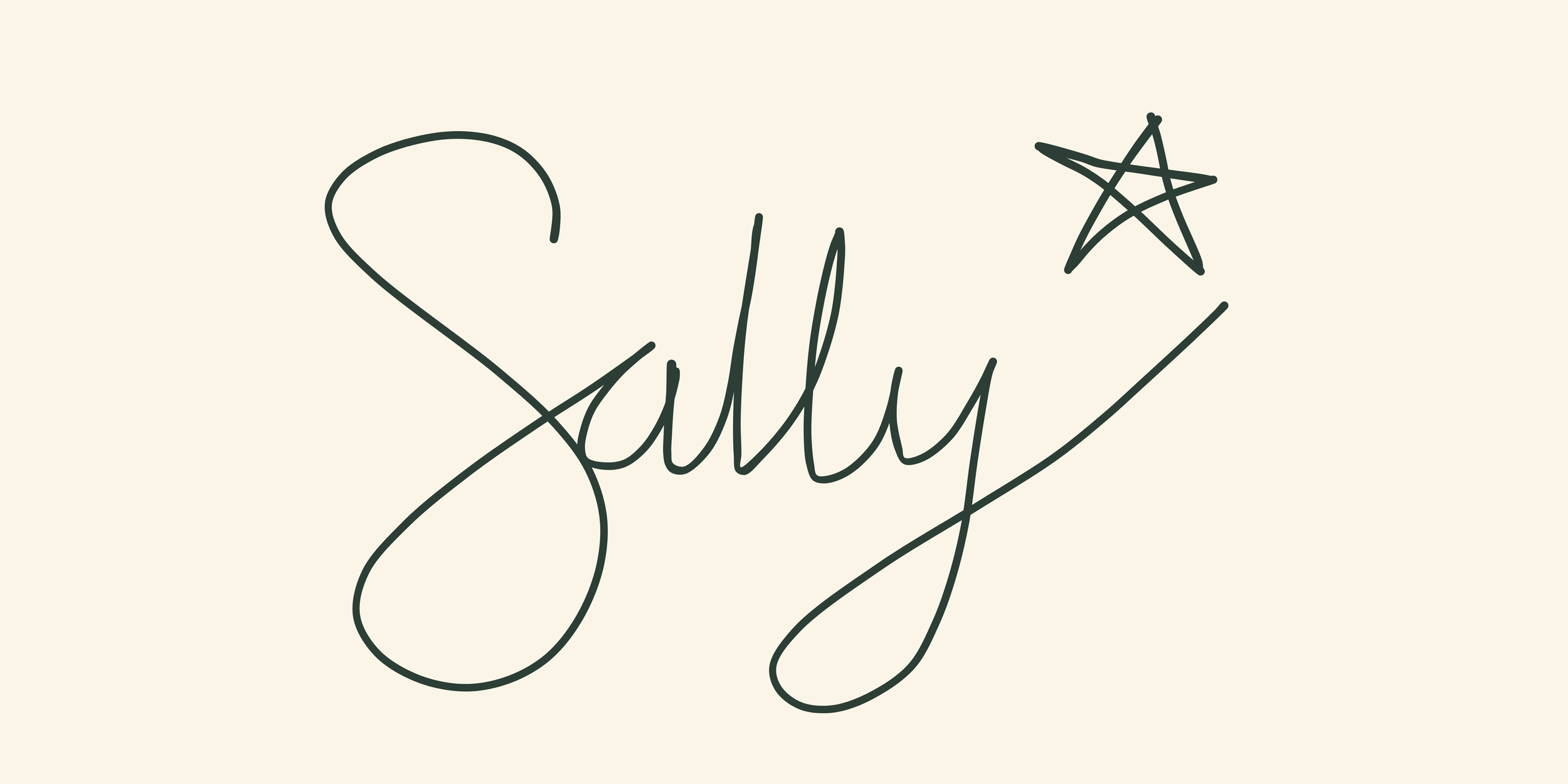 Handwritten signature 'Sally' with a star on a cream background.