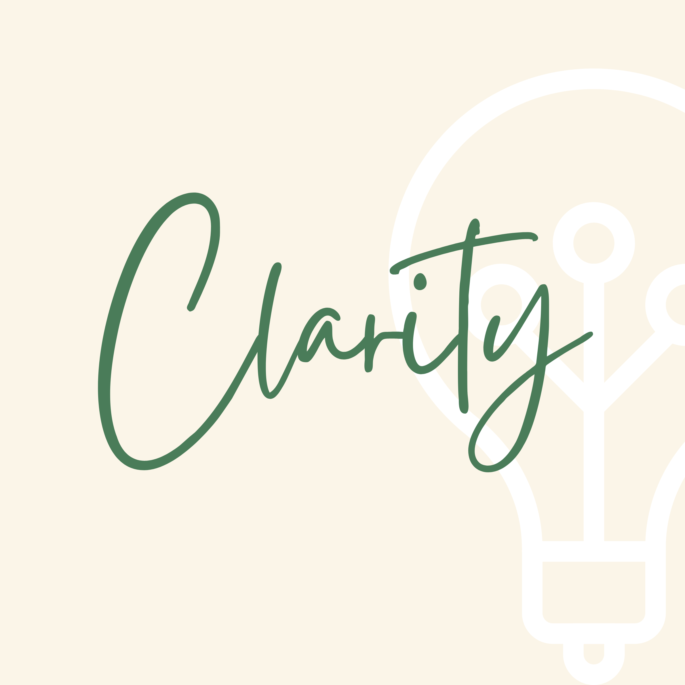 Close-up of a cream-coloured background with green cursive text reading 'Clarity' and subtle lightbulb graphic.