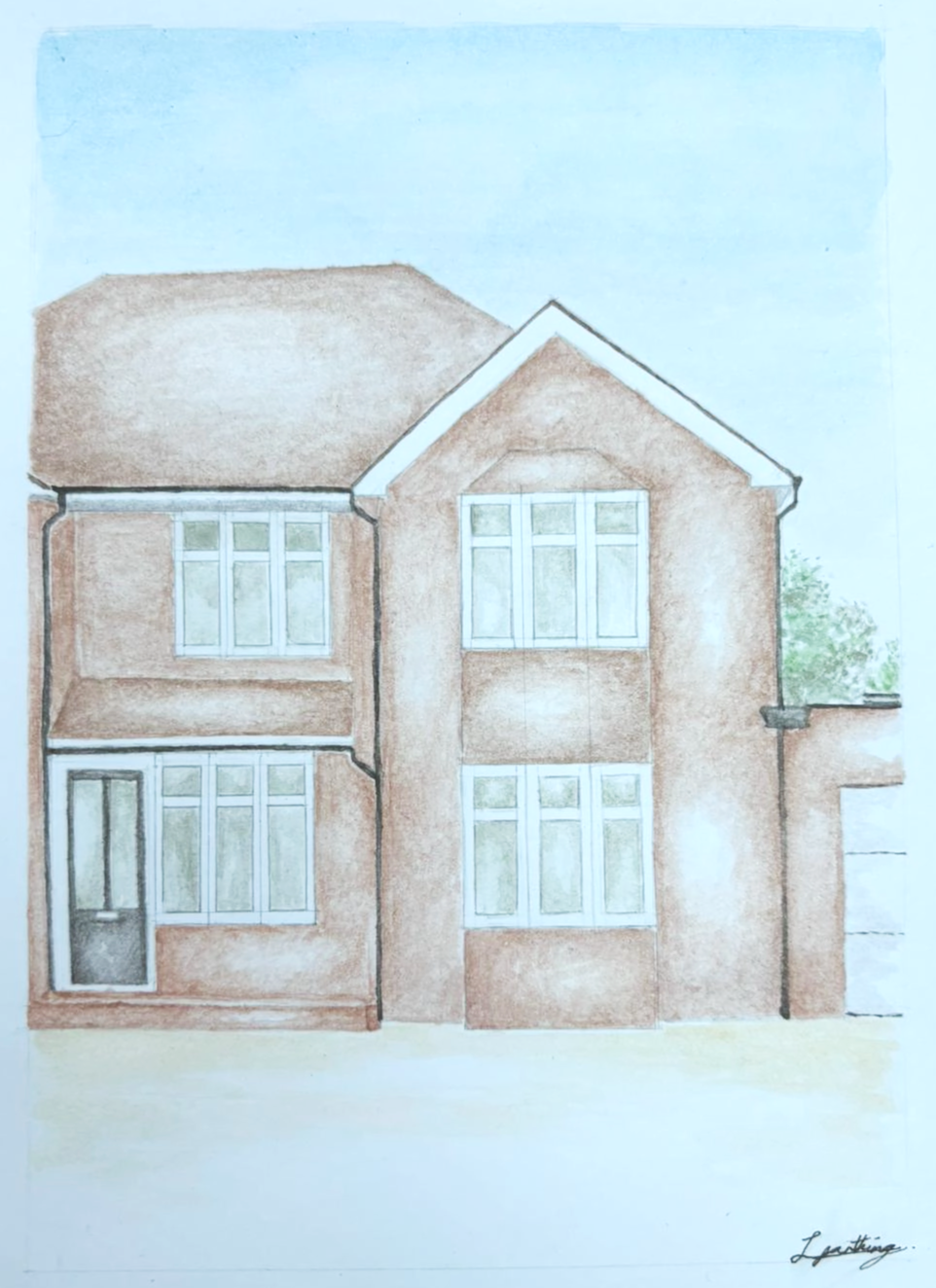 A watercolor illustration of a two-story house with a brownish exterior, multiple white-framed windows, a front door, a gable roof, and some greenery in the background.