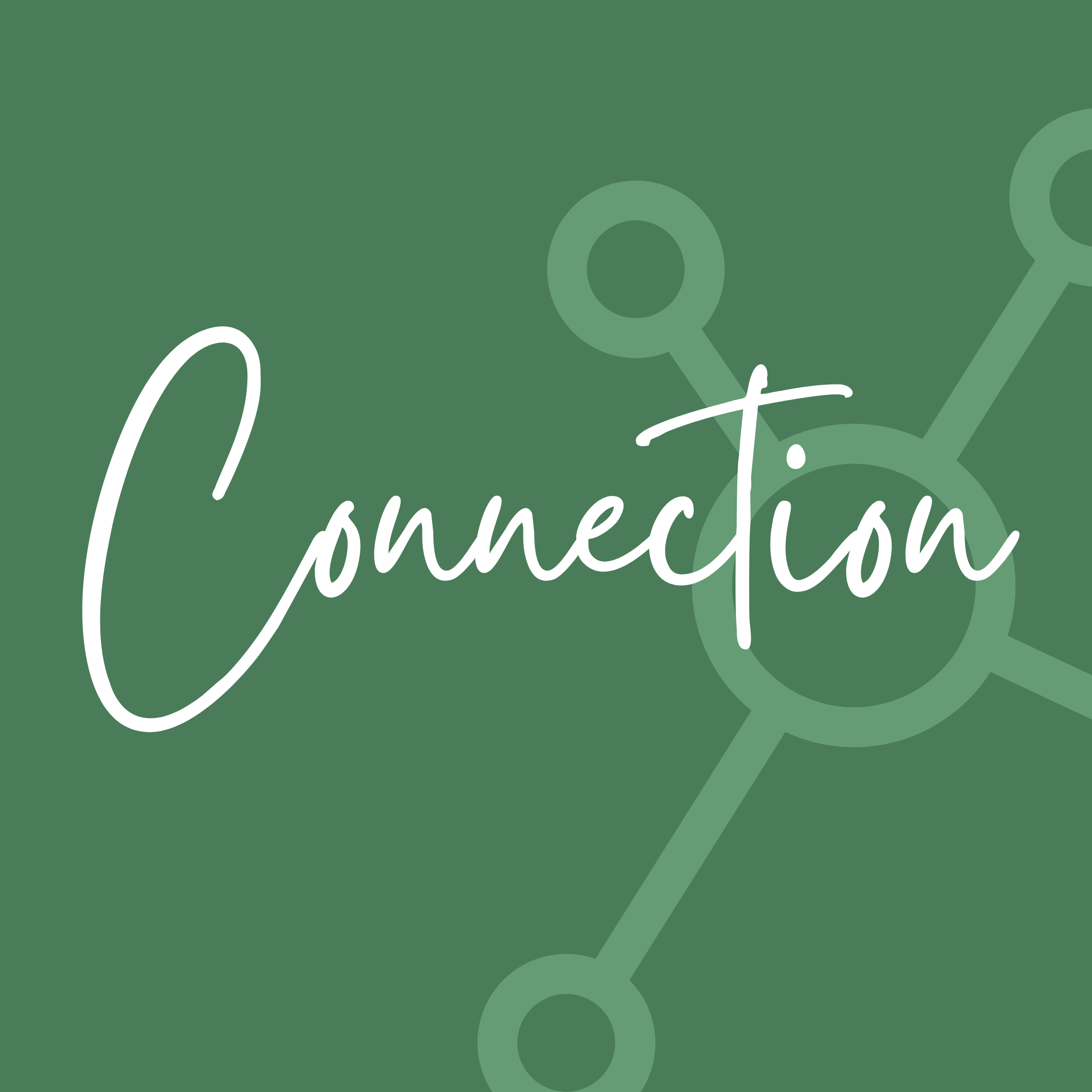 Close-up of green background with white cursive text reading 'connection' and subtle connected circle graphics.