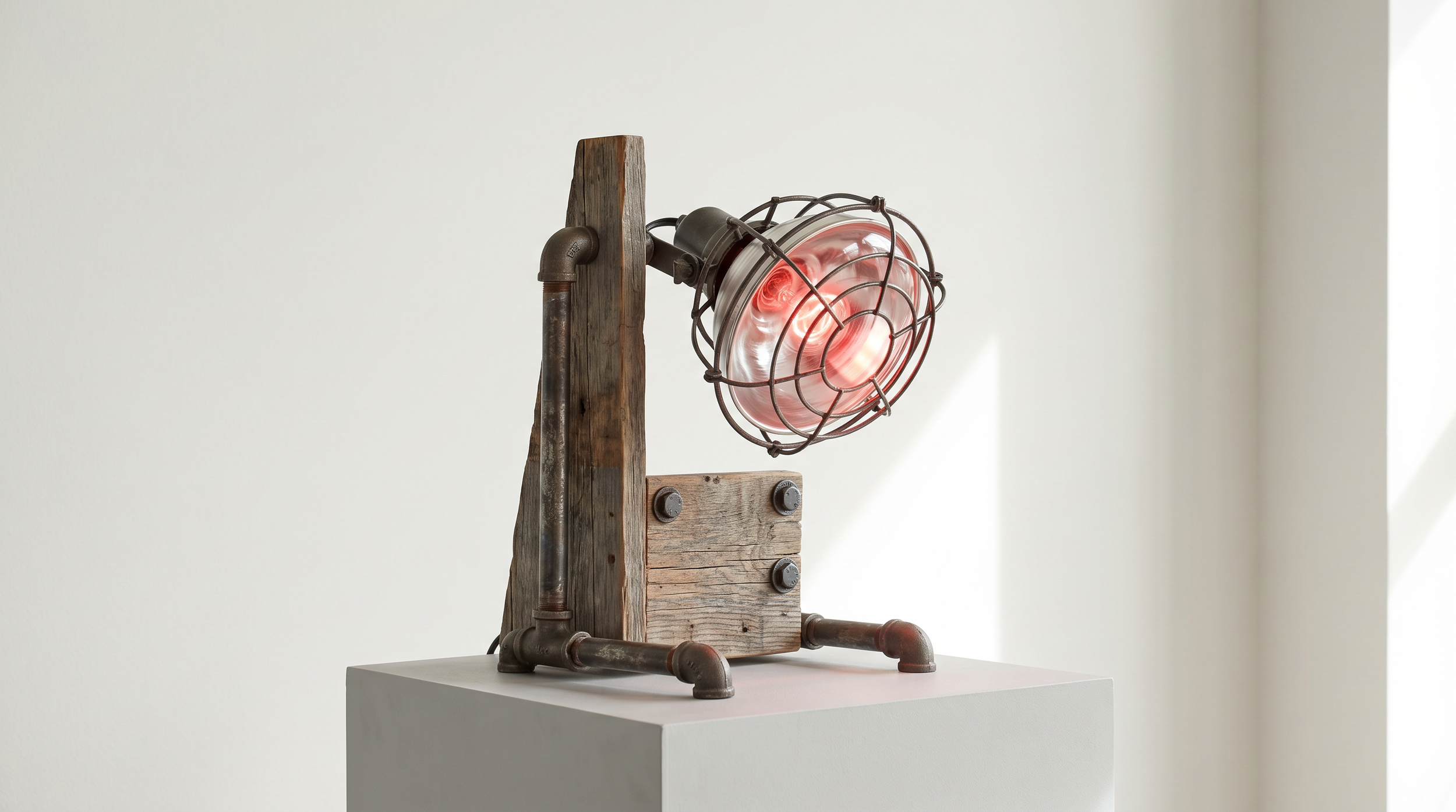 Industrial lamp with protective wire guard on a white pedestal