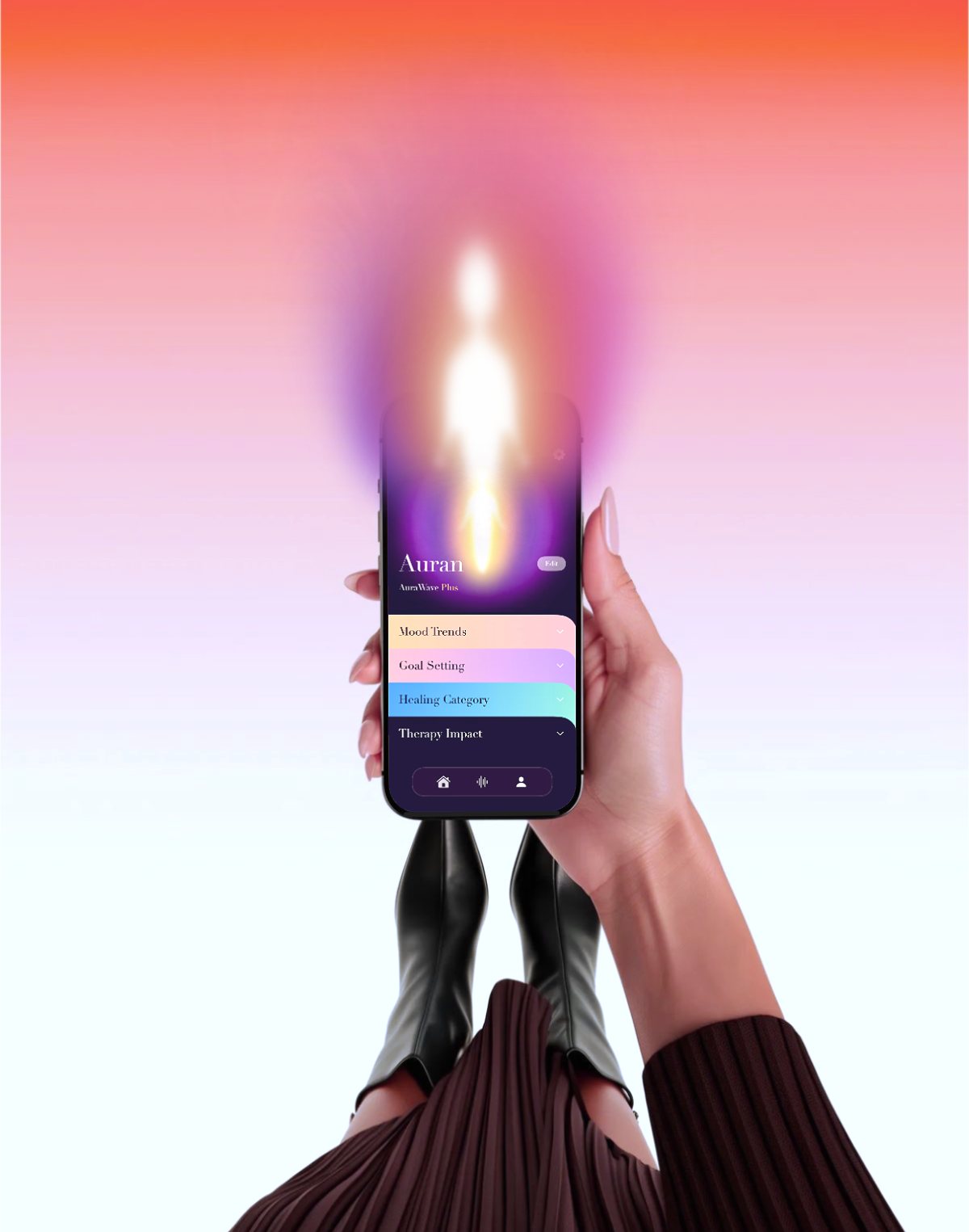 A hand holding a smartphone with an app open, displaying a glowing, flame-like light and colorful menu options, against a pastel gradient background, with only the person's legs and boots visible.
