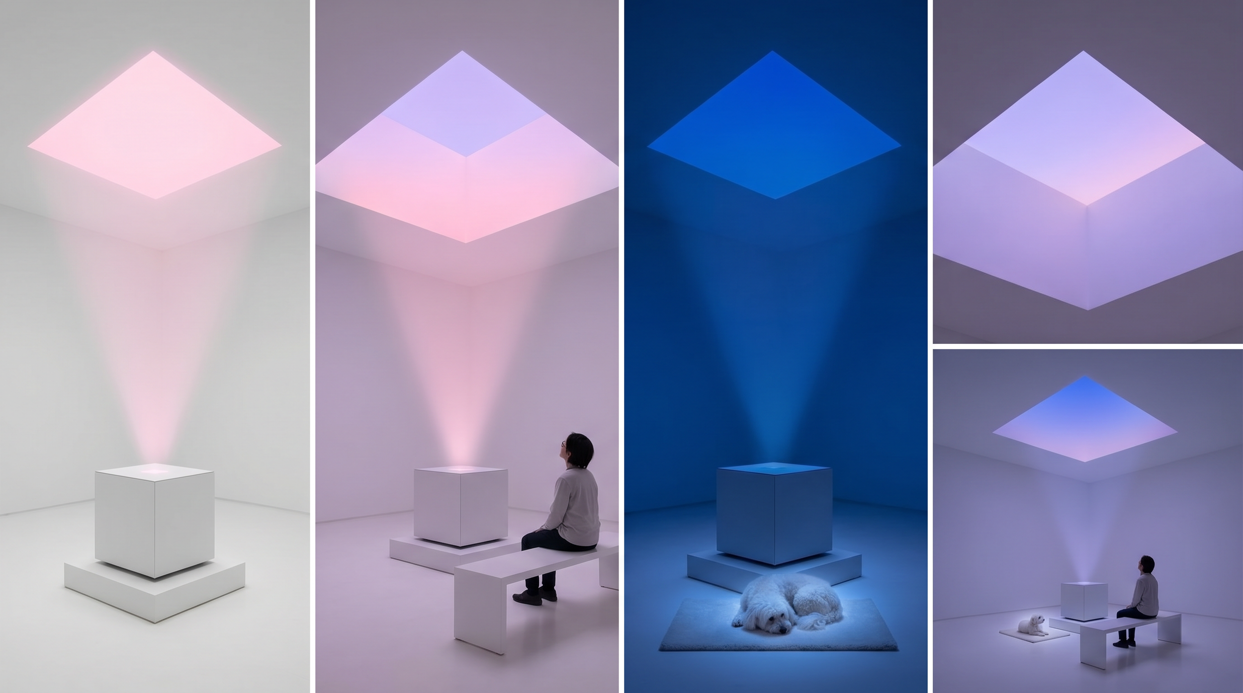 A light installation with a square platform emitting a colored light that projects upward in a diamond shape, shown in four different color settings—pink, purple, blue, and purple with a person and their pets in the latter two.