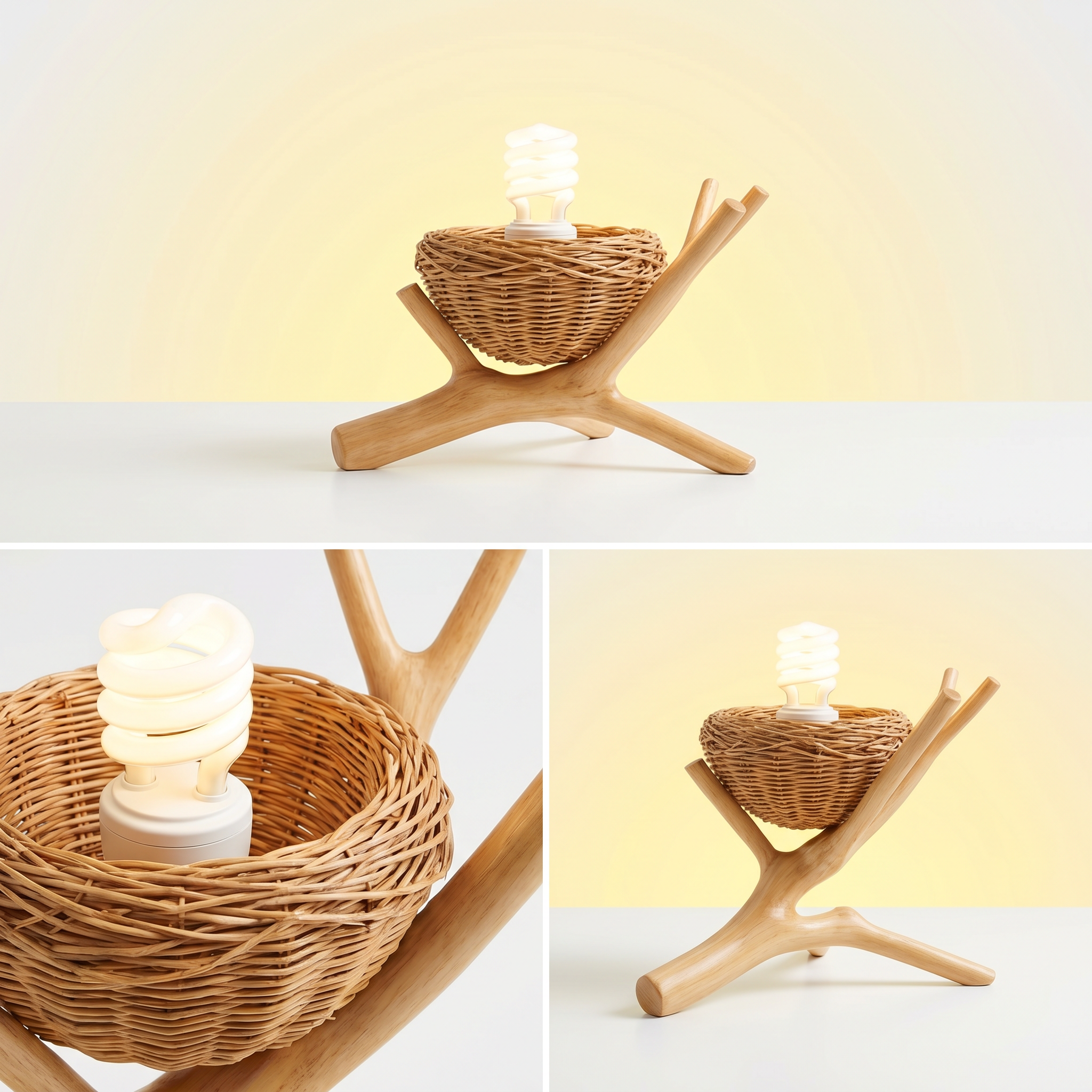 Table lamp with a spiral-shaped fluorescent bulb in a woven basket, supported by a wooden branch-like stand.