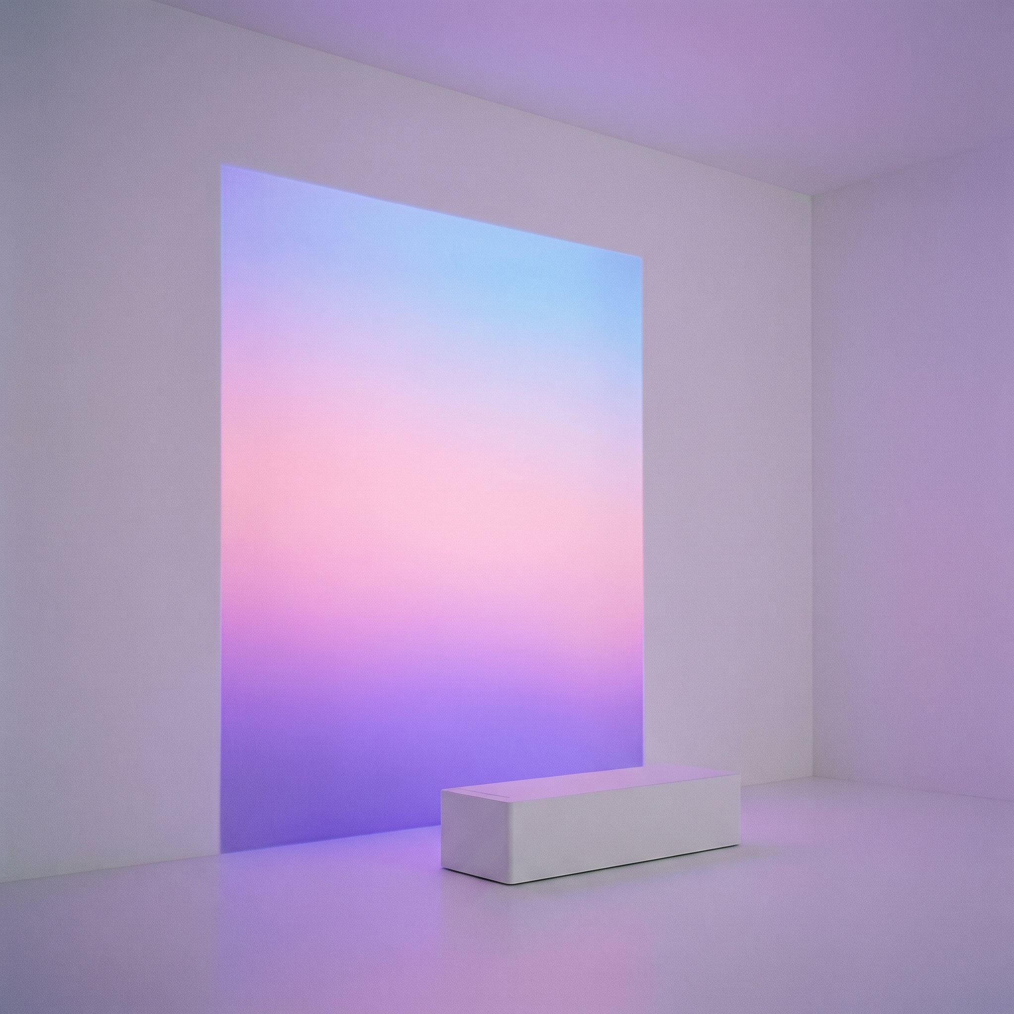 Minimalist art installation with a white rectangular bench in front of a wall with a large rectangular projection of pastel gradient colors including pink, purple, and blue, in a bright white room.