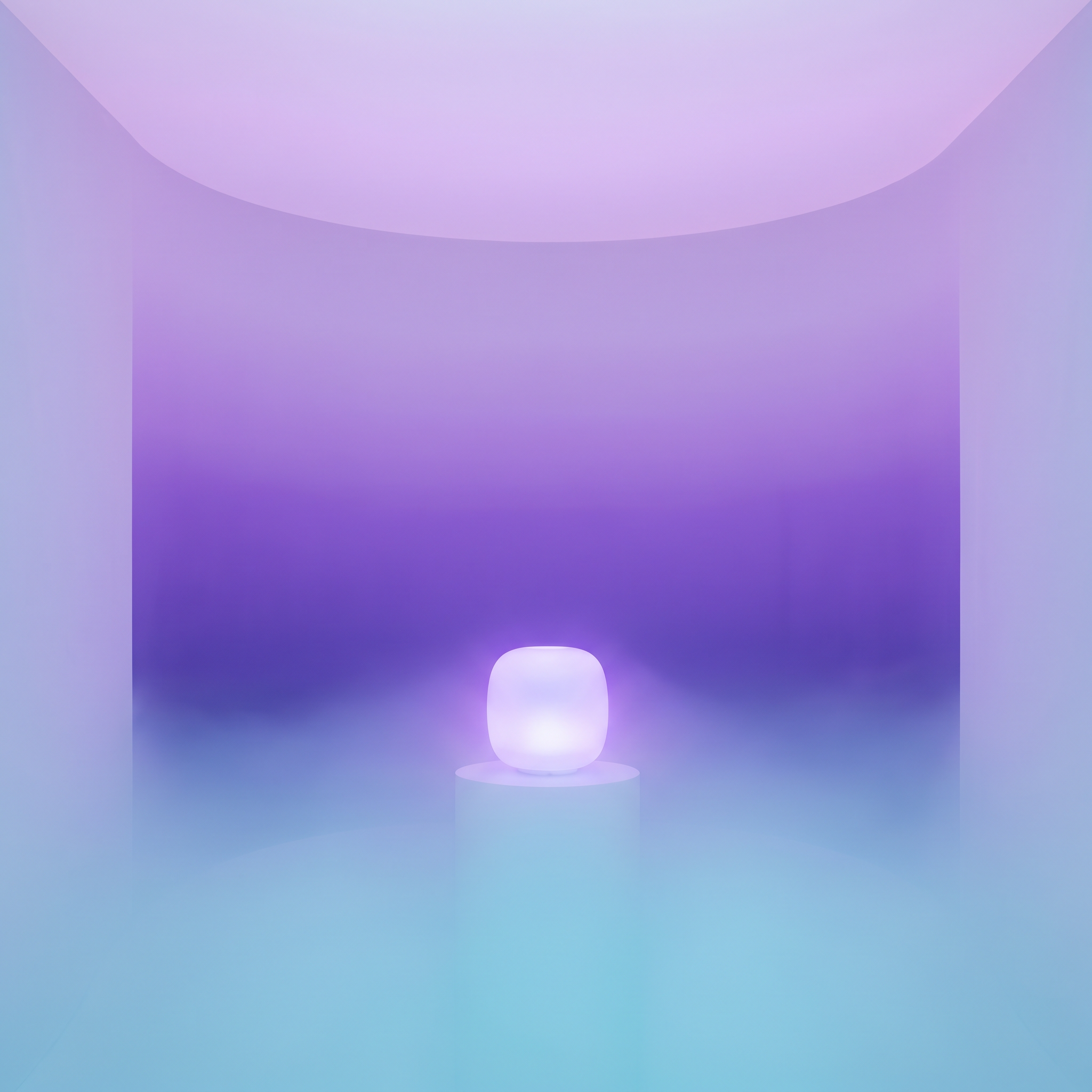 A glowing purple and white smart speaker on a white stand in a softly lit purple, blue, and pink environment.