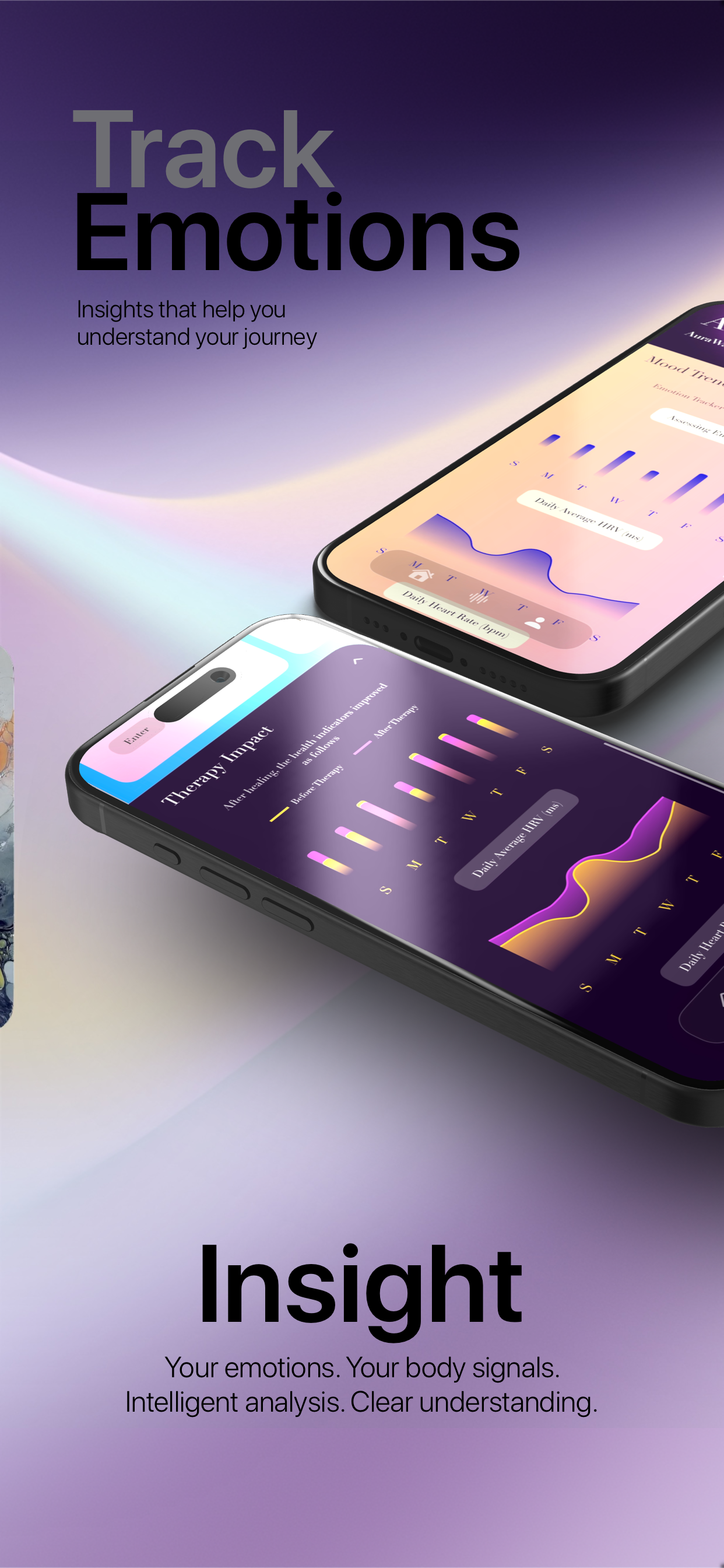 A promotional image for a mental health app highlighting features to track emotions and gain insight into feelings through graphs on smartphone screens.