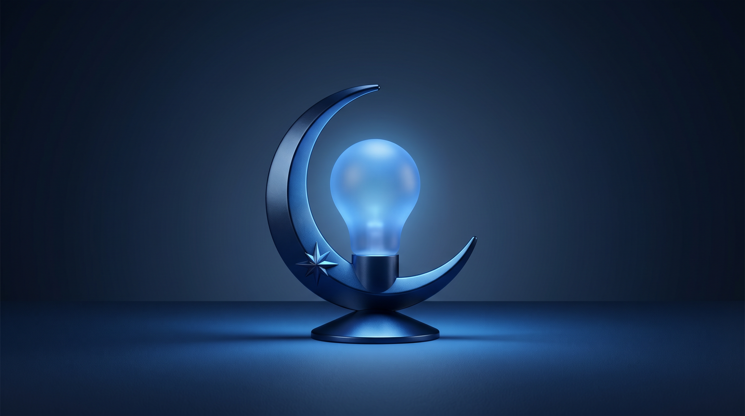 A decorative lamp featuring a crescent moon shape with a star detail, holding a glowing blue light bulb.