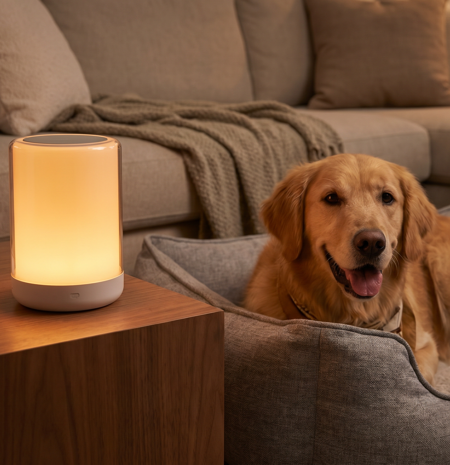 A golden retriever dog lying in a gray pet bed in a living room, with a wooden side table and a glowing white lamp beside it, and a beige sofa with a blanket in the background.