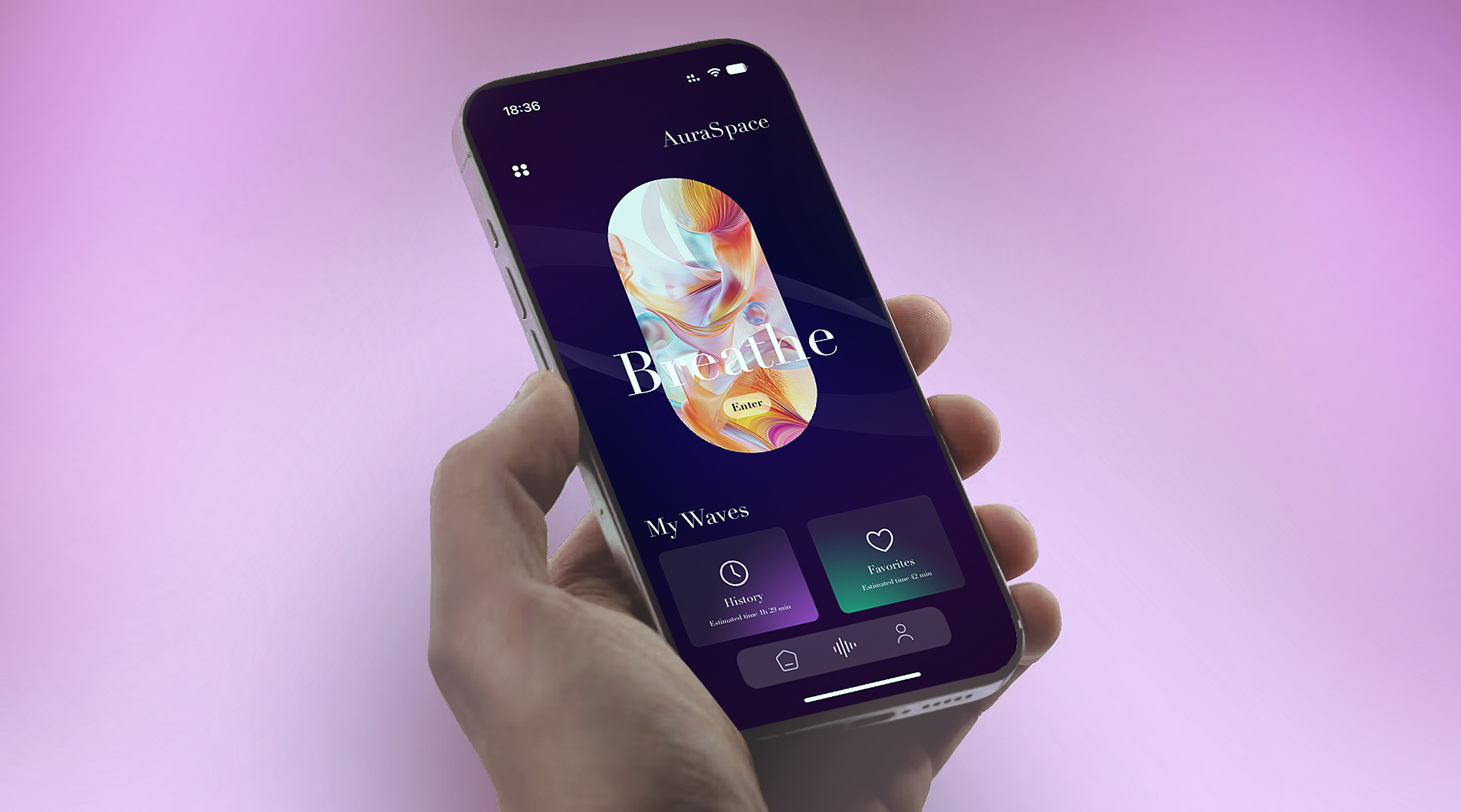 A person holding a smartphone displaying the AuraSpace app with a colorful abstract design and the message 'Breathe' on the screen. The background is a soft pink gradient.