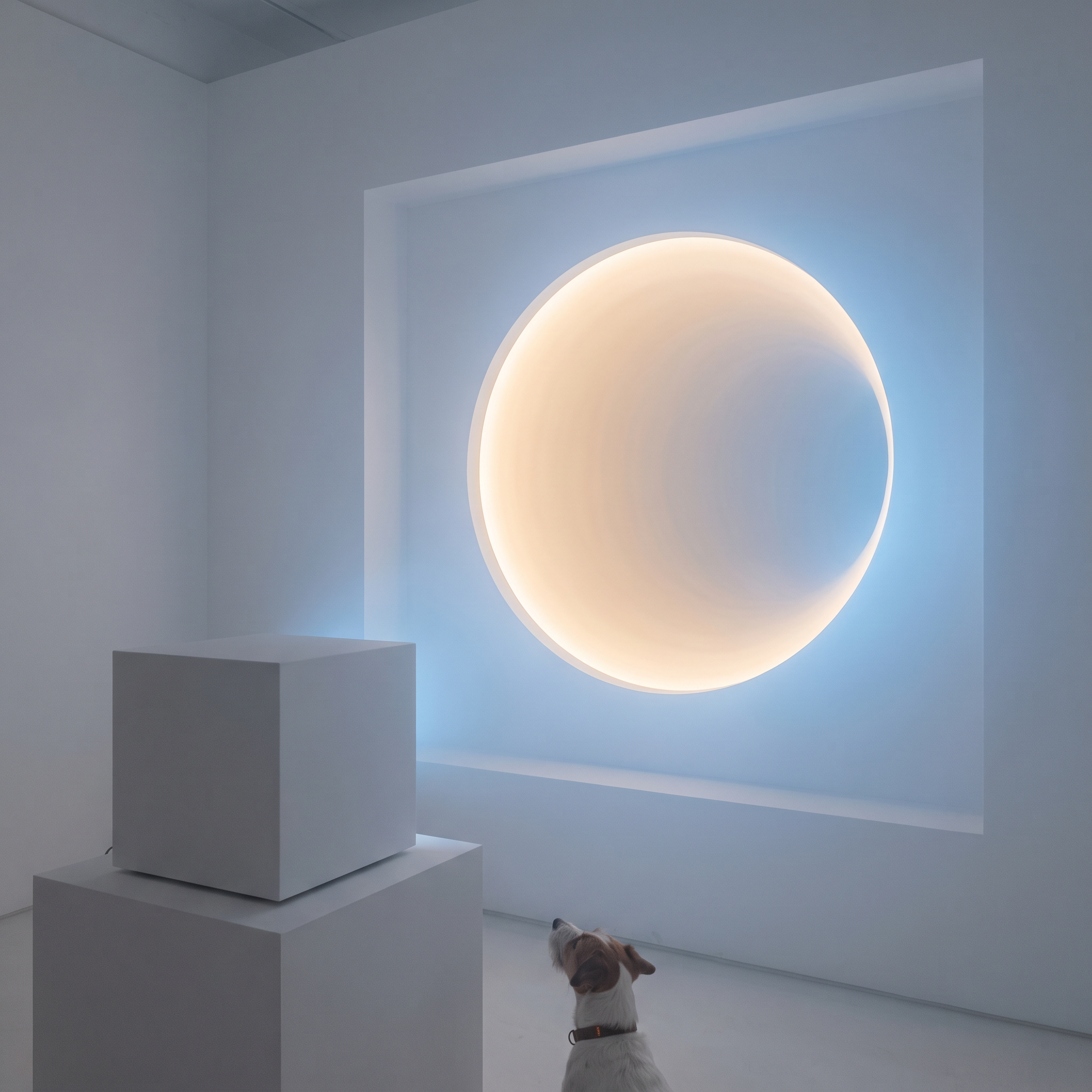 A small dog looking at a large illuminated circular art installation on a white gallery wall.