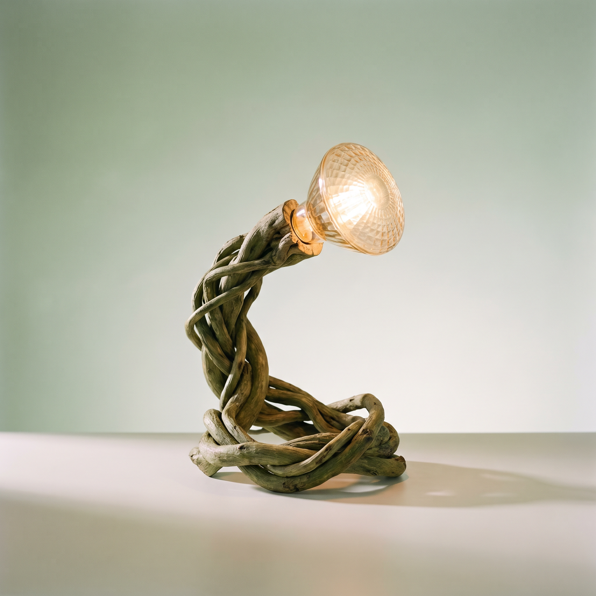 A lamp with a woven wooden base and a glass shade on a beige surface against a green background.
