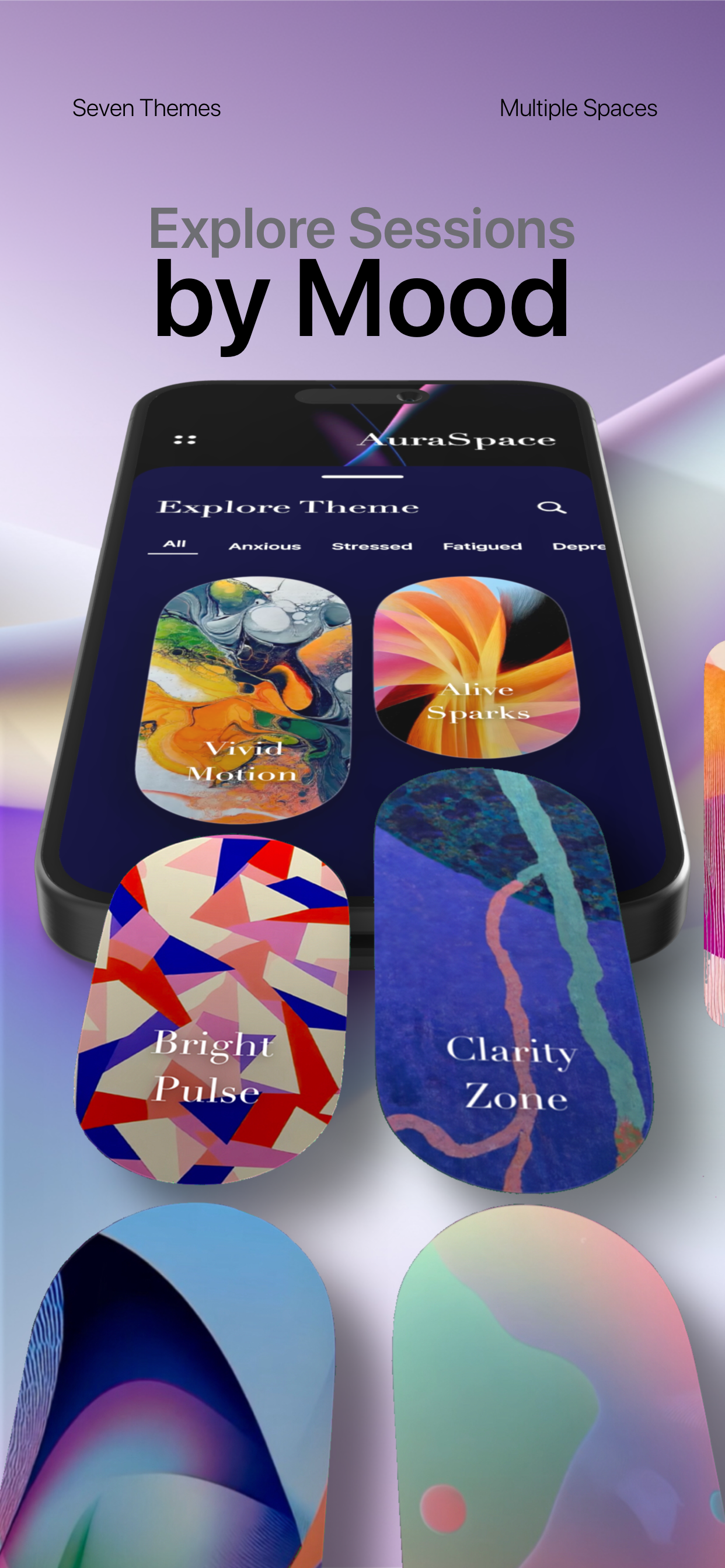 Smartphone screen displaying themes in the AuraSpace app, including Vibrant Motion, Alive Sparks, Bright Pulse, and Clarity Zone, with text indicating exploring sessions by mood.