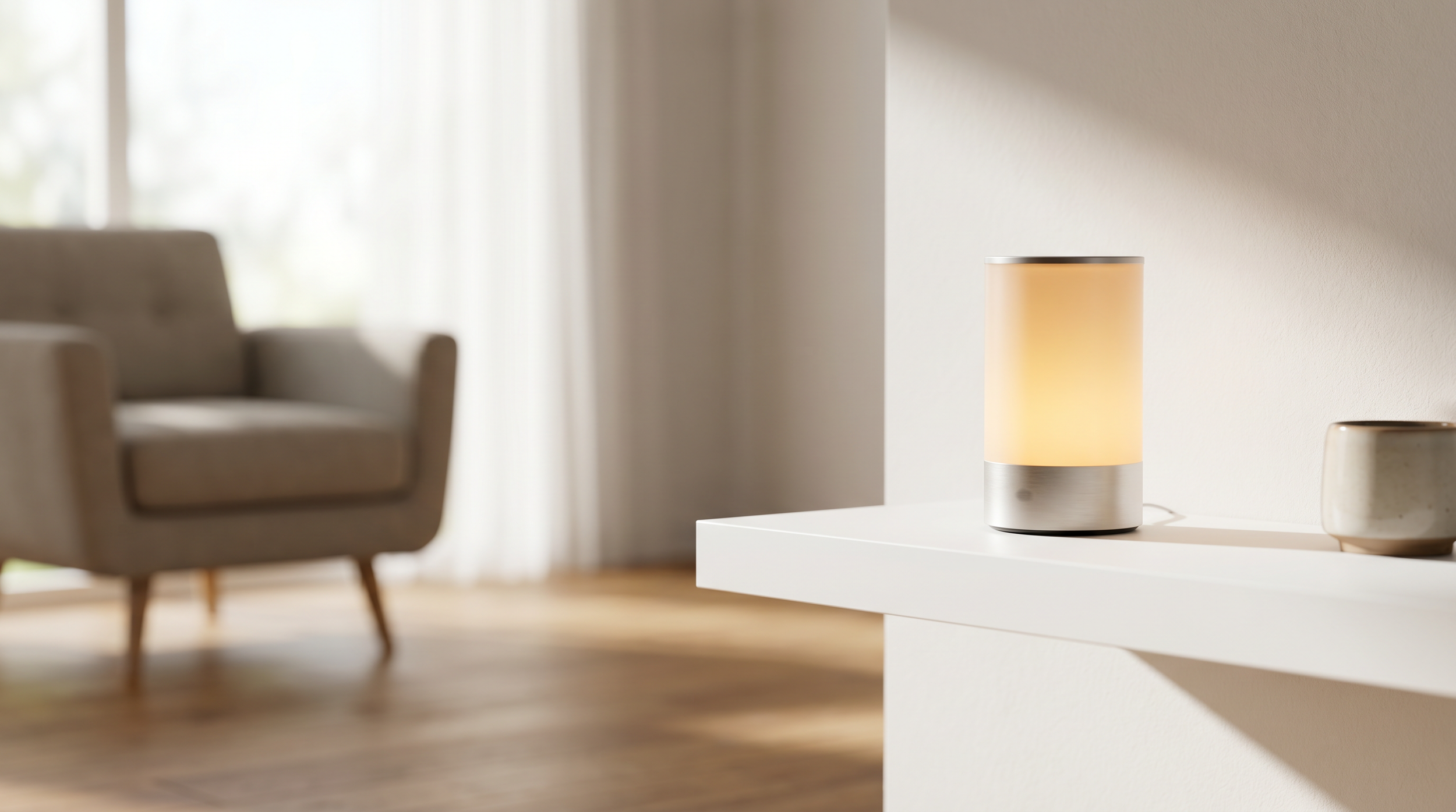 A modern, cylindrical LED diffuser lamp with a warm light, placed on a white shelf on a plain light-colored wall, with a ceramic coffee cup beside it, and a blurred beige armchair in the background.