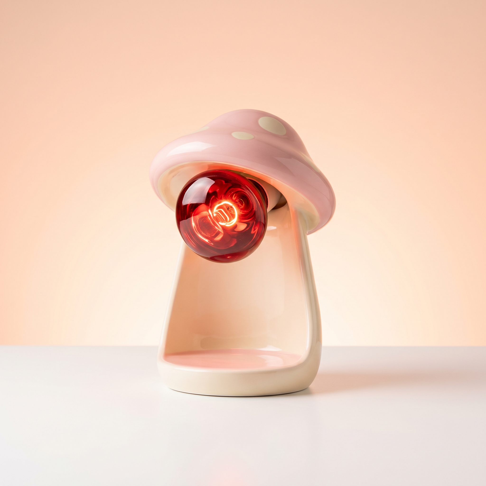 A ceramic mushroom-shaped lamp with a glowing red light inside.