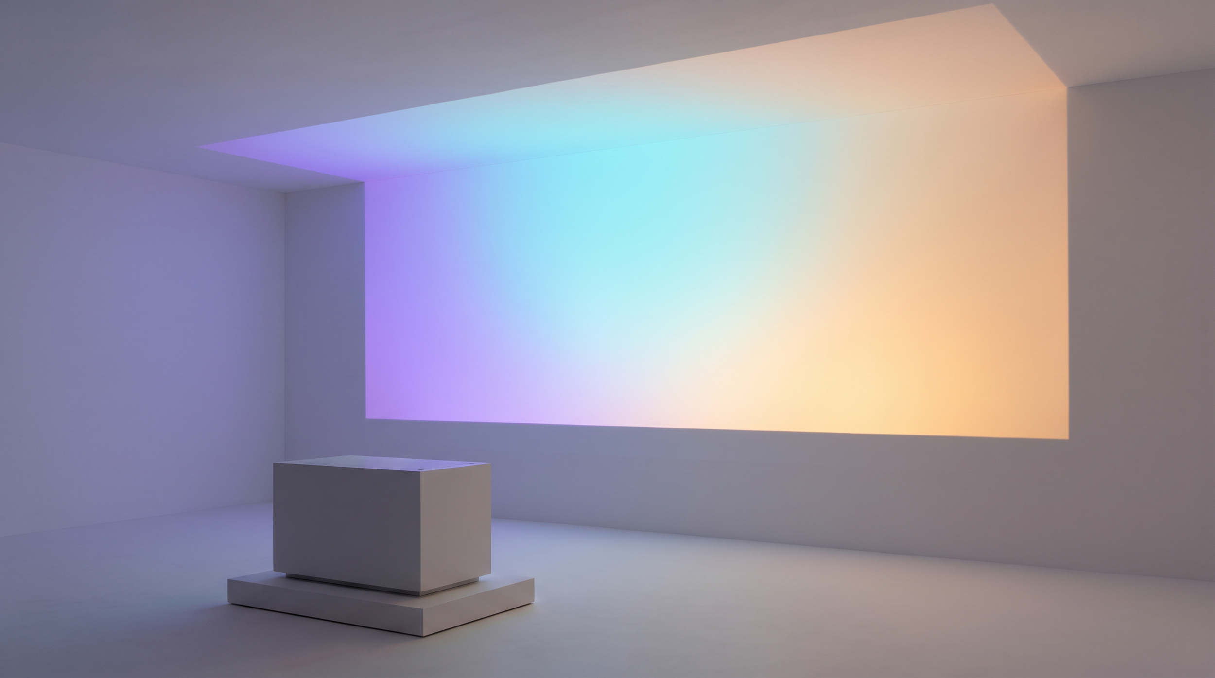 Minimalist art installation with a large rectangular screen projecting pastel gradient colors on the wall, and a small white pedestal in front.