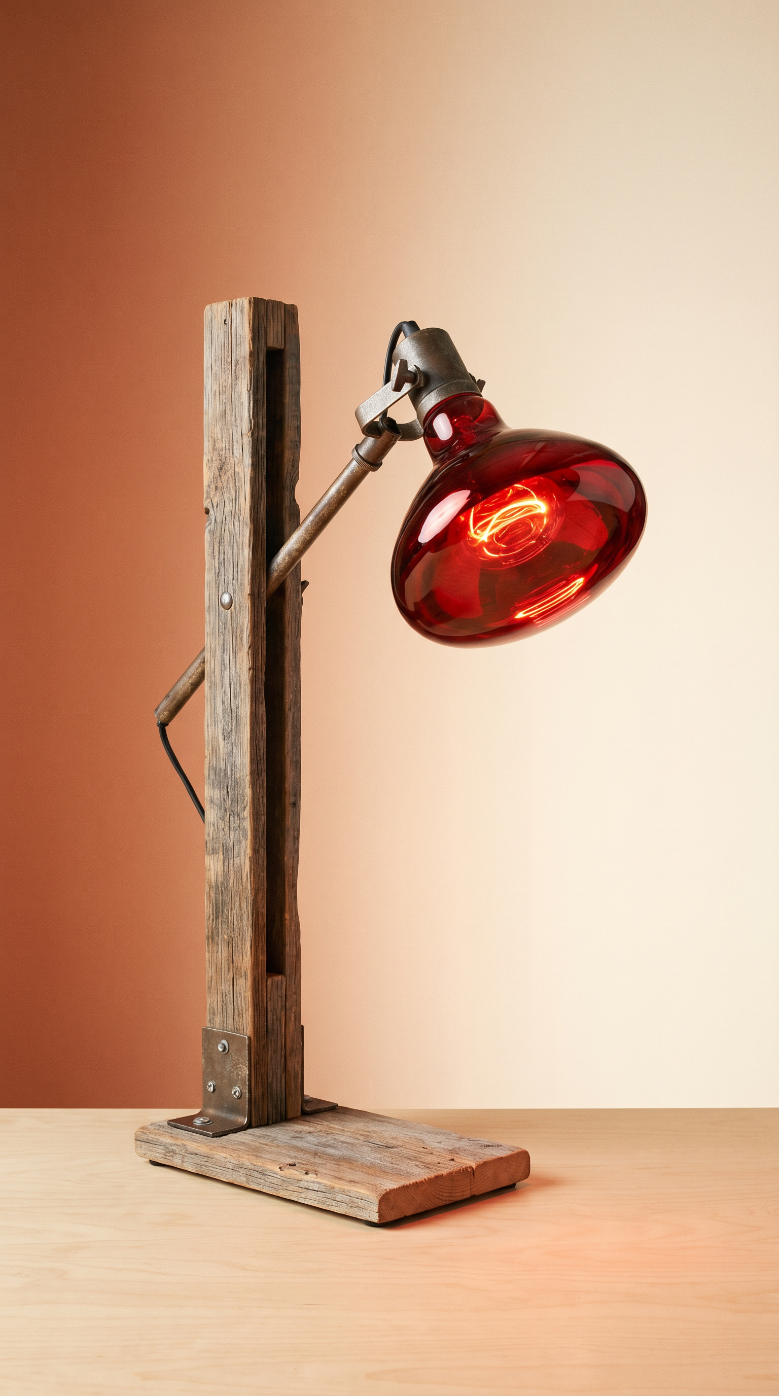 A vintage desk lamp with a wooden base and stand, and a red glass shade, on a light wood surface against a gradient background from dark to light.