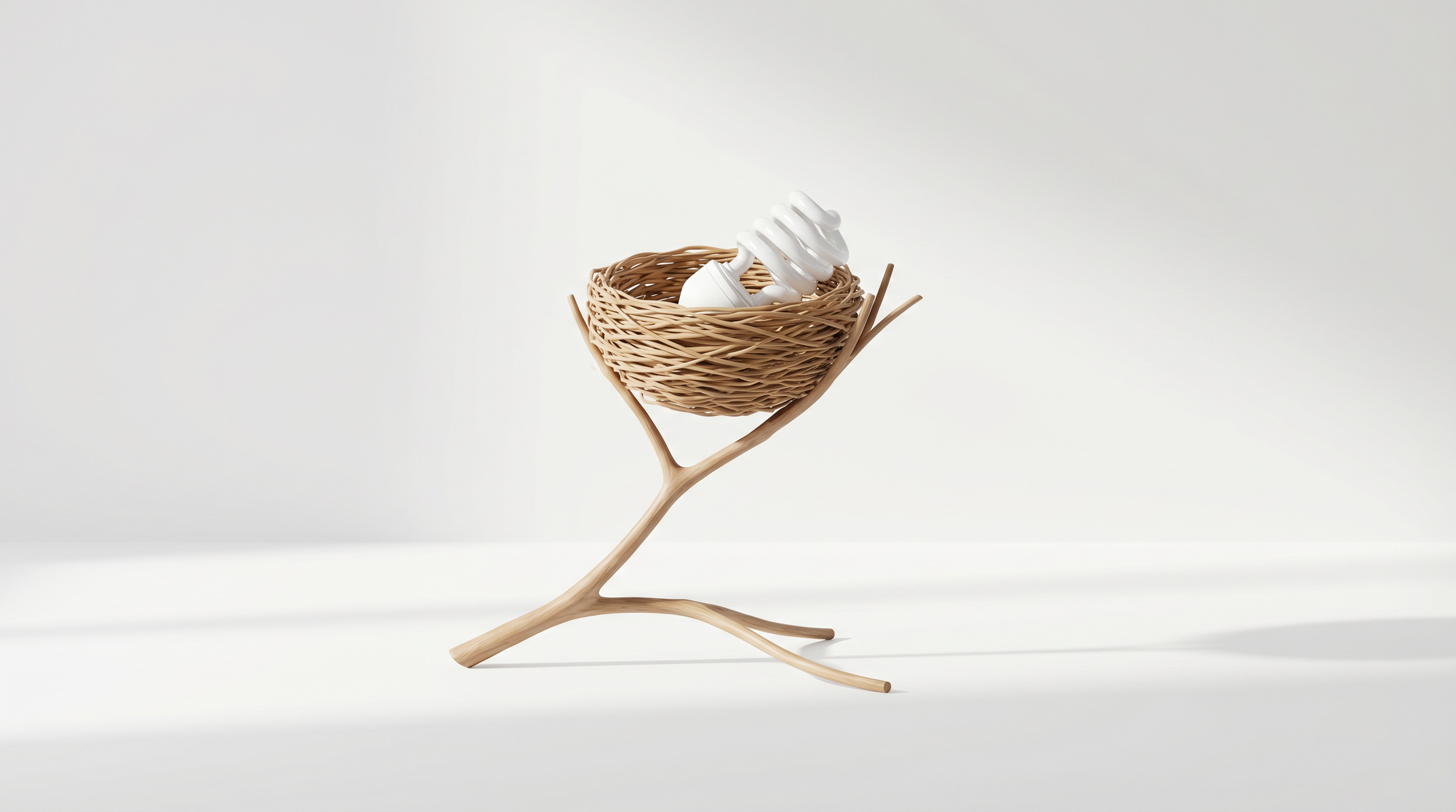 A lightbulb inside a small woven basket, which is held by a wooden branch stand against a plain white background.