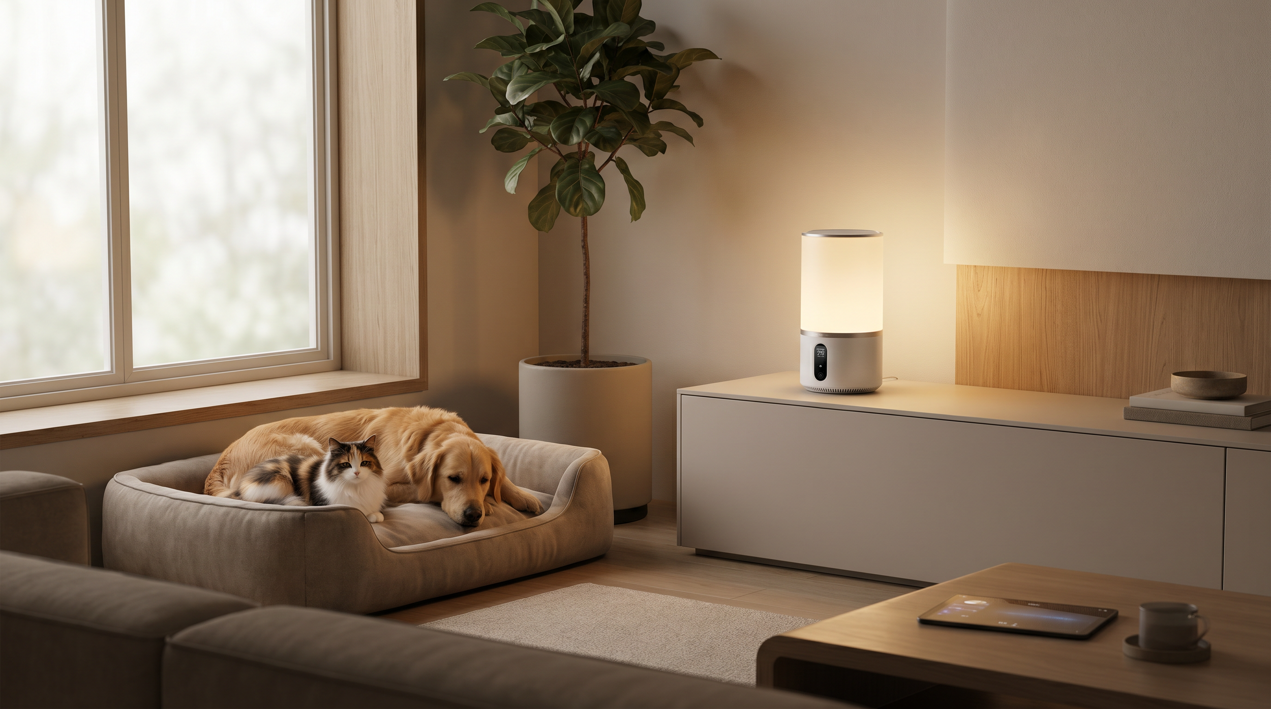 A cozy living room with a large window, a dog and a cat resting together on a beige pet bed, a potted plant, a tall white lamp, and a white cabinet with a wooden panel background.