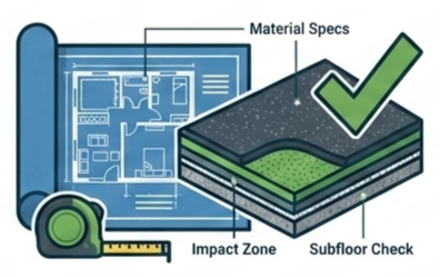 Diagram showing a building blueprint, material specs, impact zone, and subfloor check with a green checkmark.