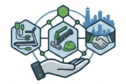 Illustration of a hand holding a smart device, connected to icons representing scientific research, construction or industrial work, and handshake, with a city skyline in the background.