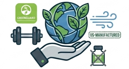 Eco-friendly sustainability icon with a hand holding a globe, a green leaf logo, a dumbbell representing fitness, a 'US-manufactured' label, a wind blowing symbol, and a glass jar with a crossed-out recycling symbol.