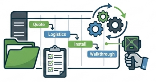 A flowchart illustrating steps: Quote, Logistics, Install, Walkthrough, with icons of a green folder, clipboard, and gears, and a hand holding a magnifying glass.