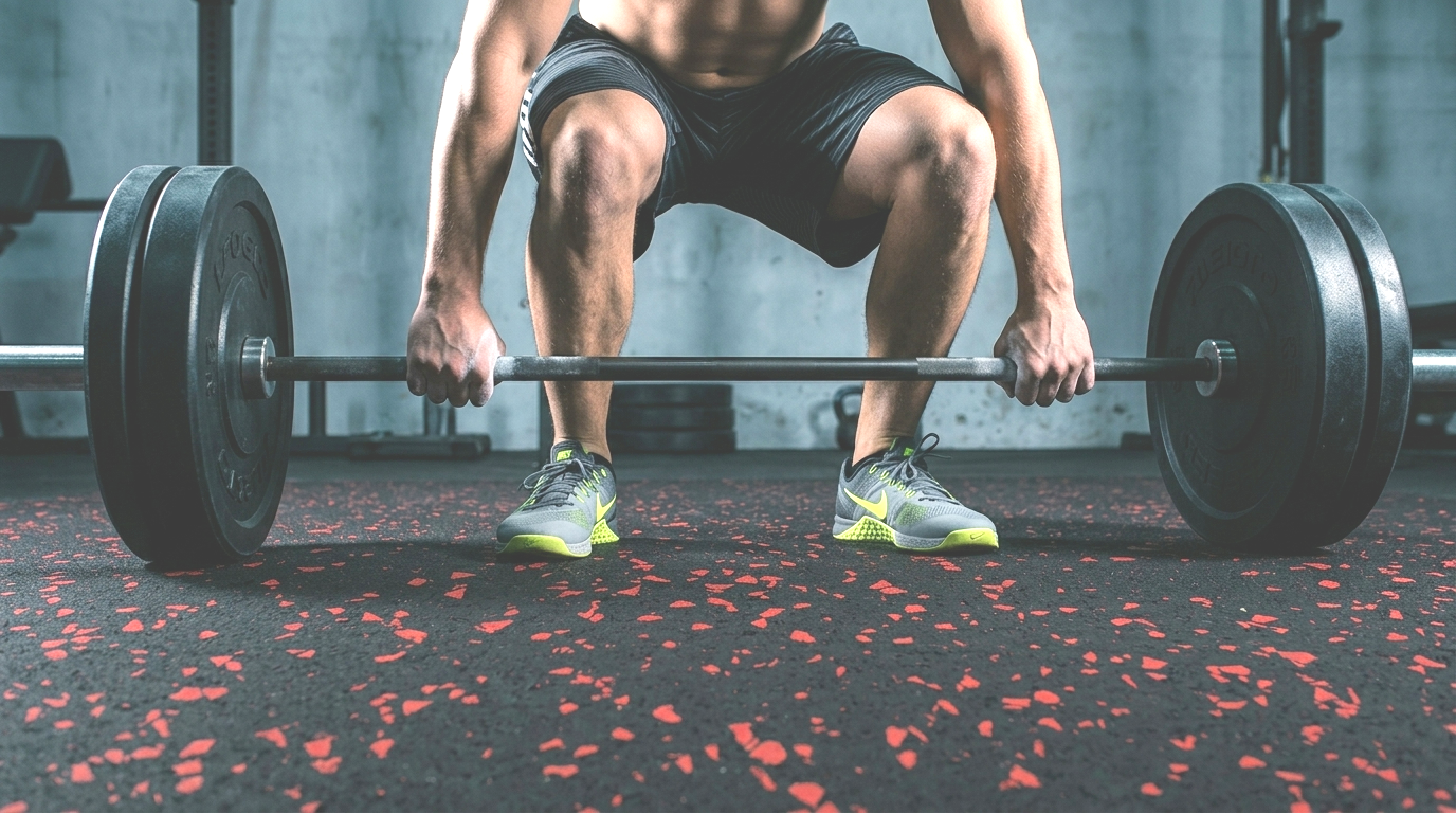 A person lifting a barbell with weights in a gym.