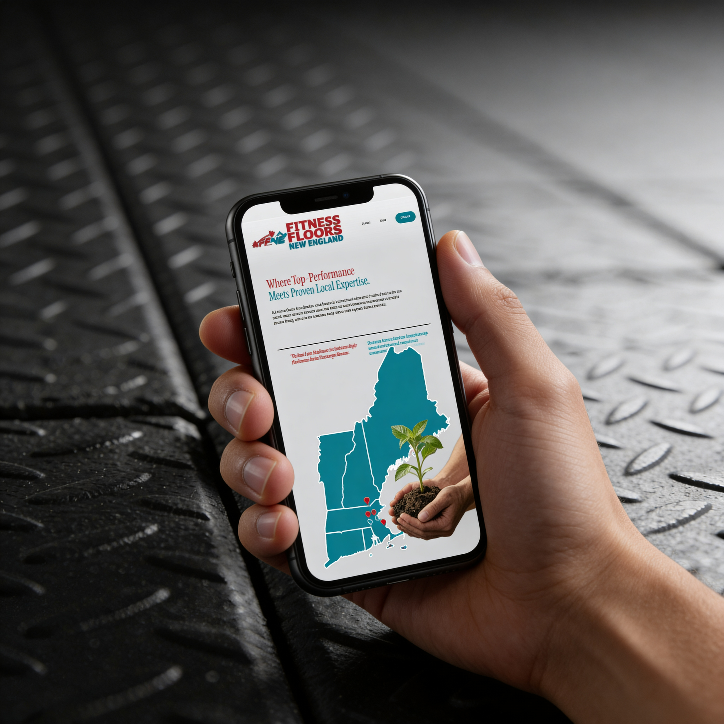 A person holding a smartphone displaying a website for Fitness Floors New England, with a map of a region and an image of a sprouting plant.