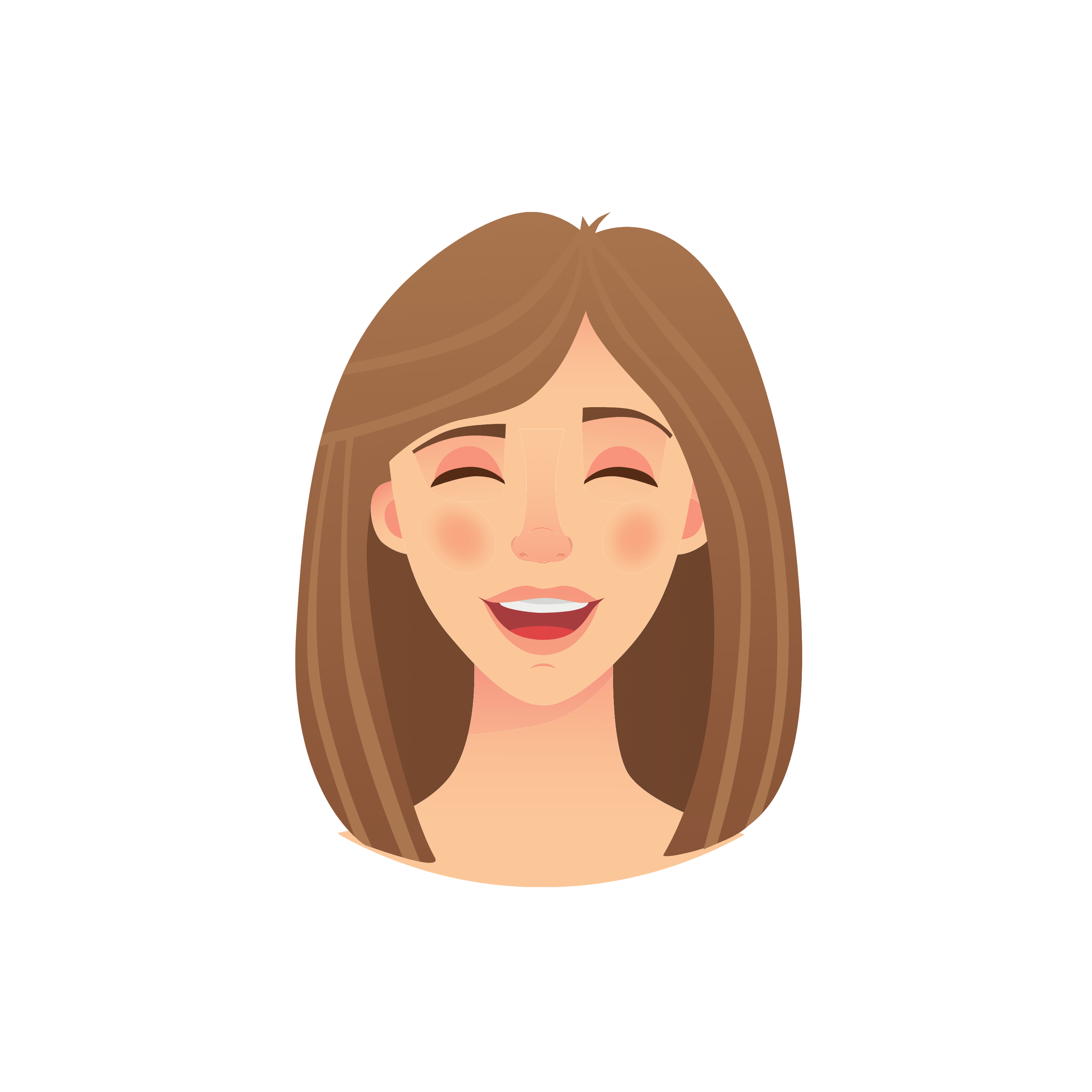 Illustration of a woman with long brown hair, smiling with eyes closed.