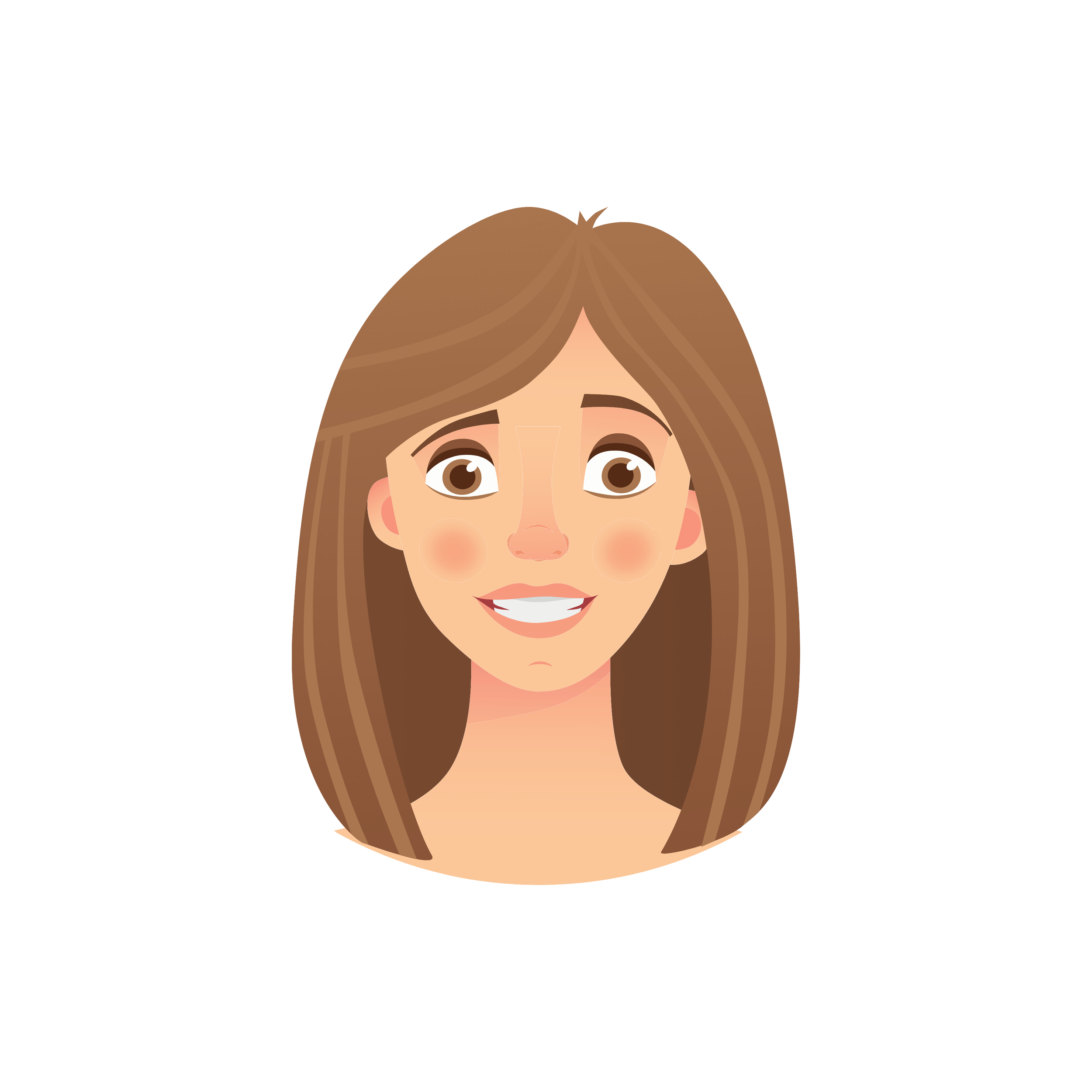Cartoon portrait of a woman with long brown hair, brown eyes, and a big smile, showing her teeth.