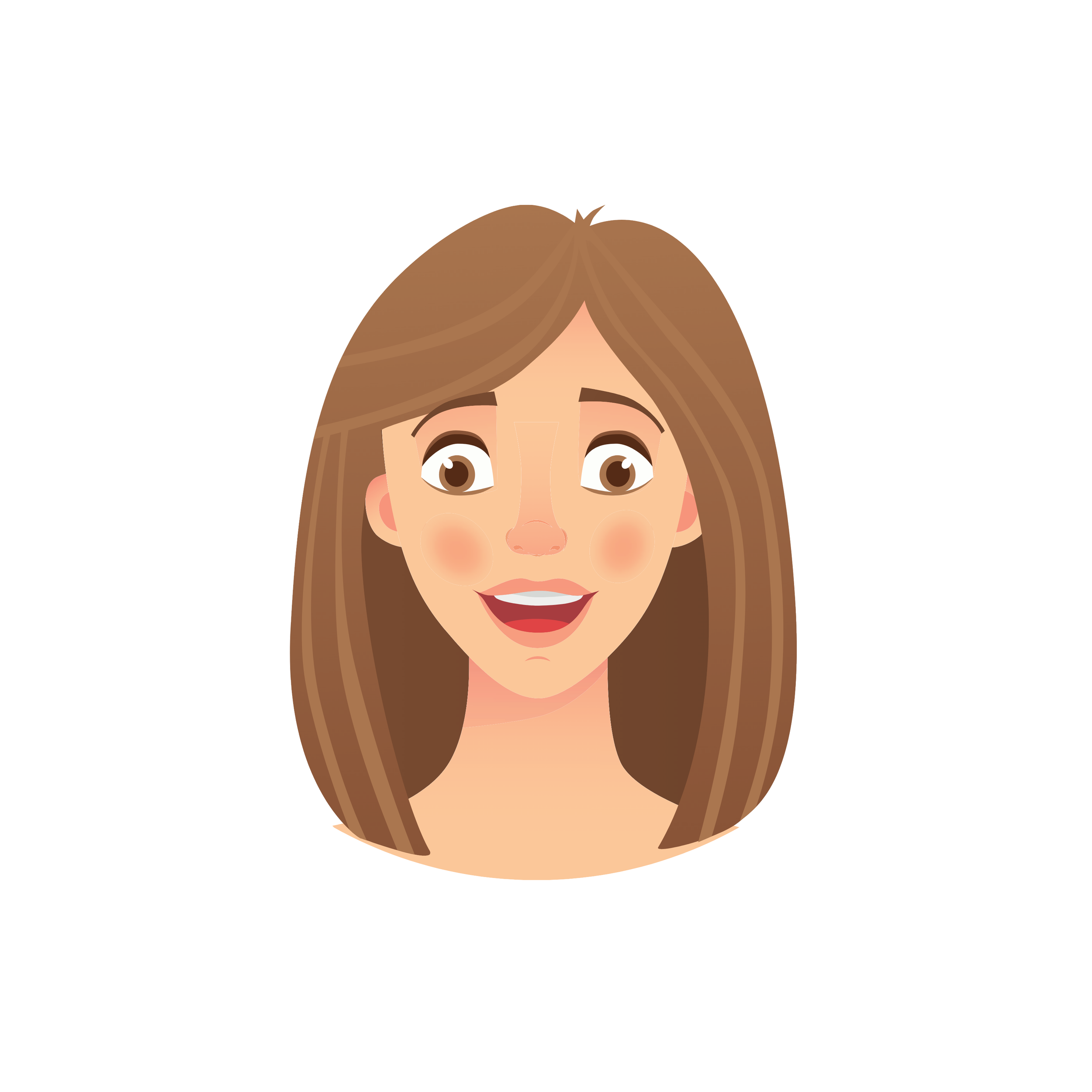 Animated woman with long brown hair, smiling with open mouth, blushing cheeks, and brown eyes.