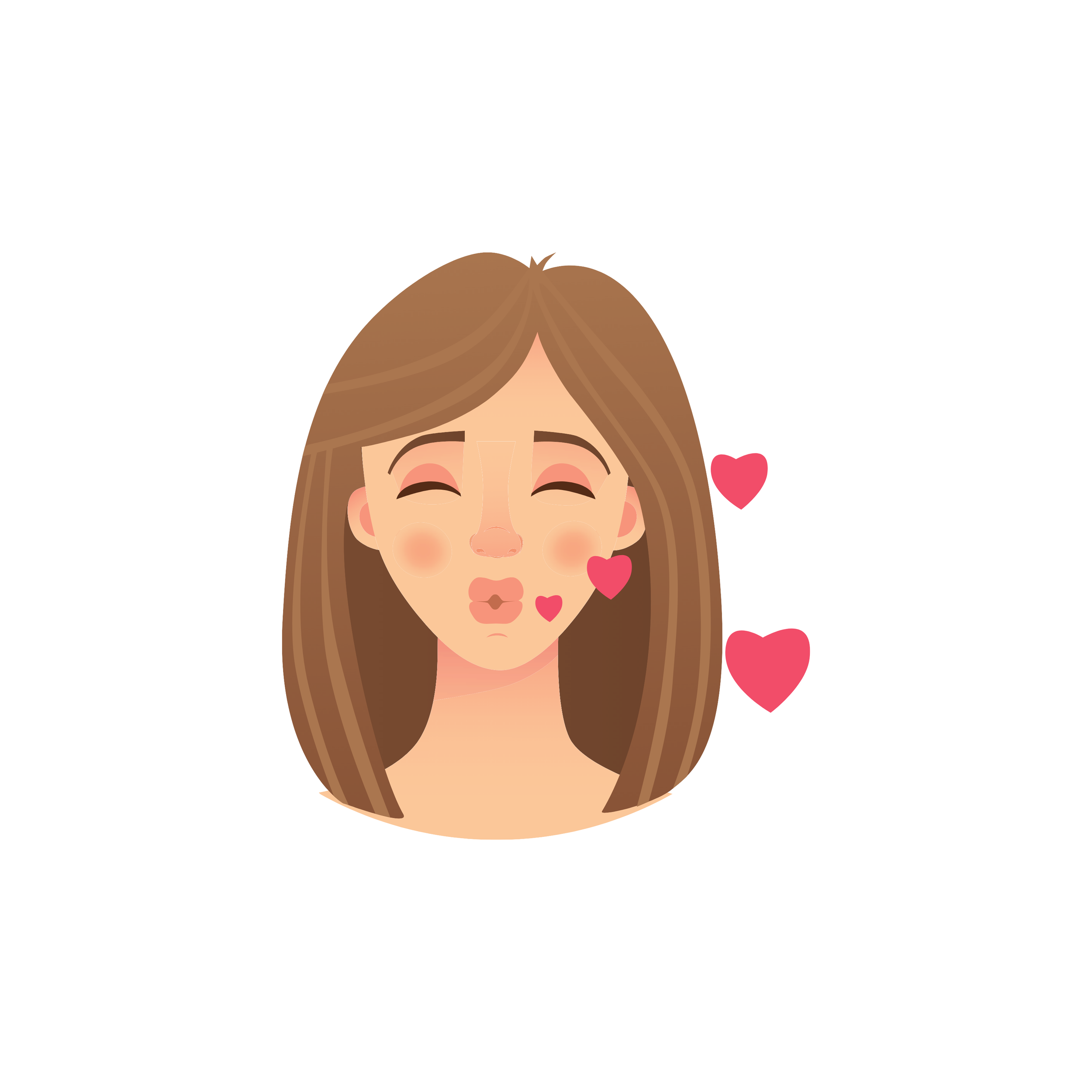 An animated woman with long brown hair making a kiss face, surrounded by pink hearts.