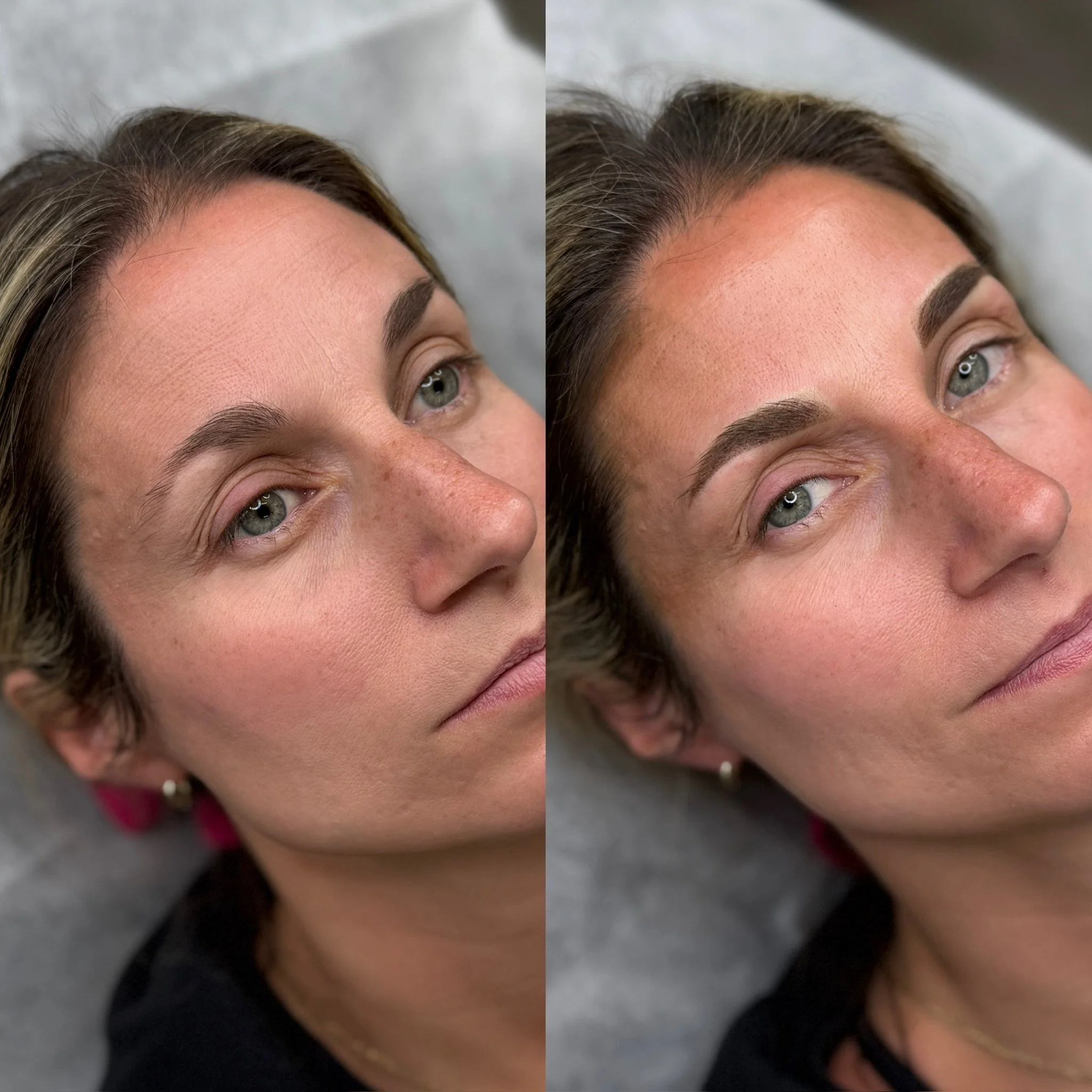 Side-by-side comparison of a woman before and after eyebrow enhancement, showing fuller, well-defined brows in the after image.