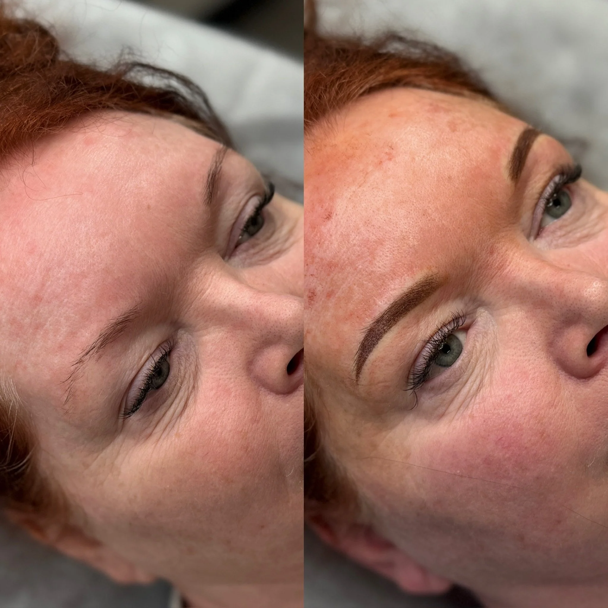 Side-by-side close-up of a woman’s face, before and after eyebrow microblading, showing more defined eyebrows in the after image.