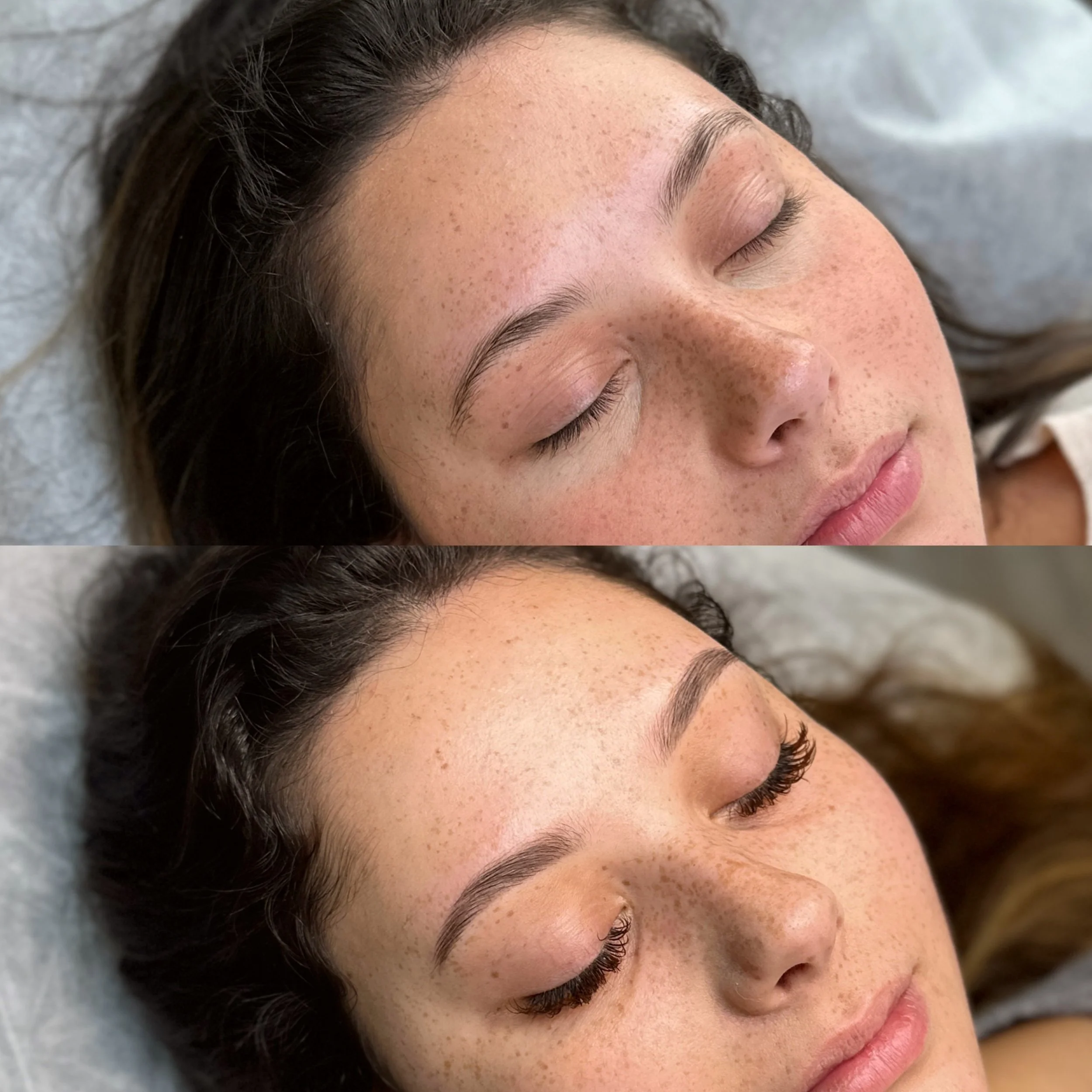 Before and after images of a woman showing her eyebrows, with the after image displaying enhanced, shaped, and filled-in eyebrows.