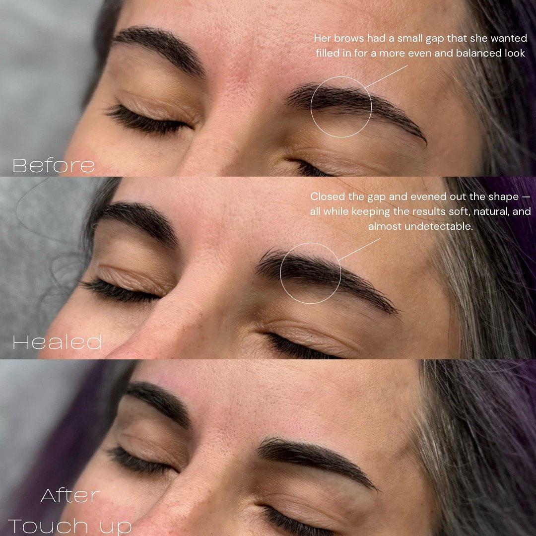 A three-part image showing a woman's eyebrow transformation before, healed, and after touch-up. The first part shows her eyebrow with a small gap, the second part shows the gap closed and shaped, and the third part shows the final result after touch-