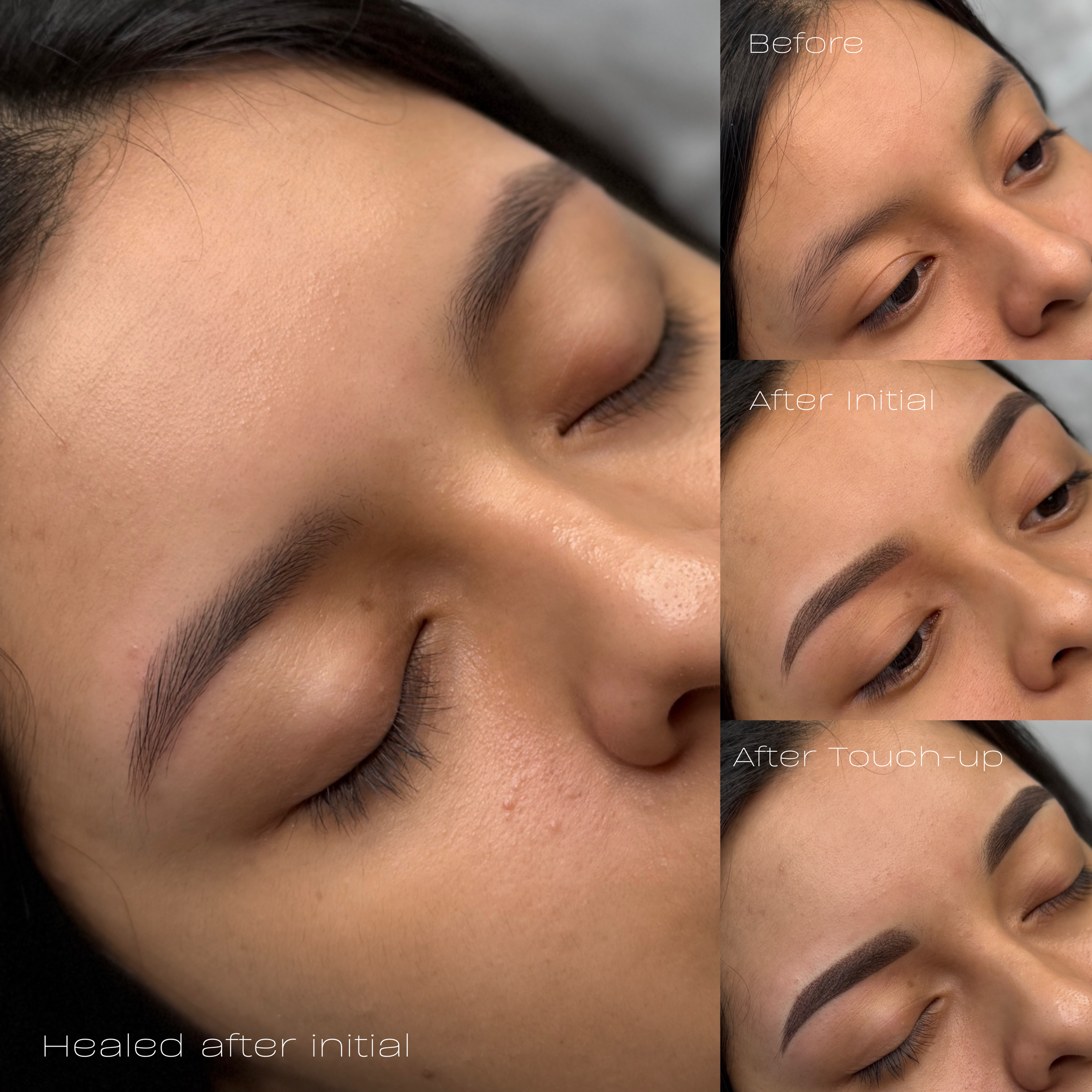 Close-up of a woman's face showing the process of eyebrow healing after microblading, with stages labeled as Before, After Initial, After Touch-up, and Healed after initial.