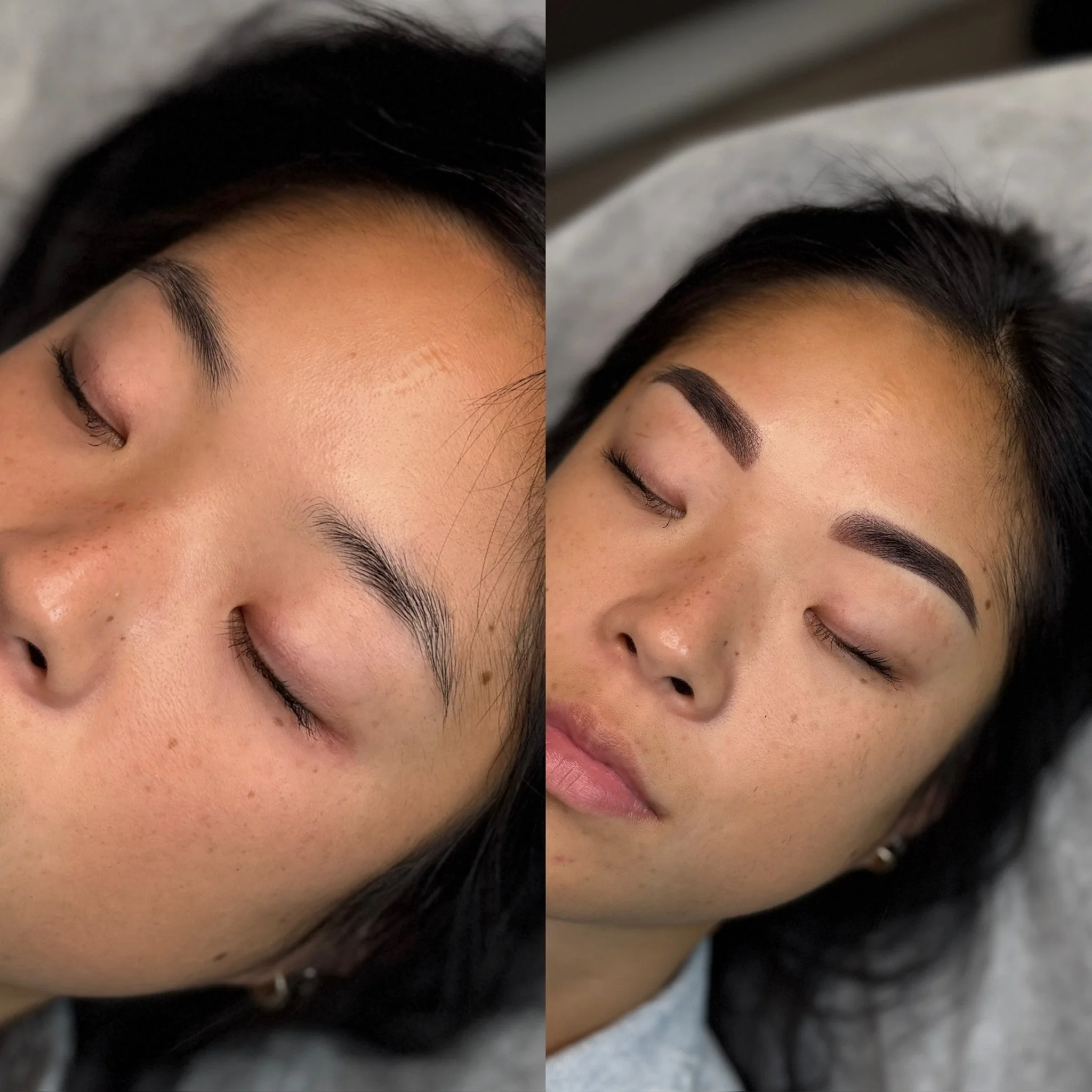 Side-by-side comparison of a woman's face before and after eyebrow enhancement, showing natural eyebrows on the left and filled-in, defined eyebrows on the right. Ombre Powder brows
