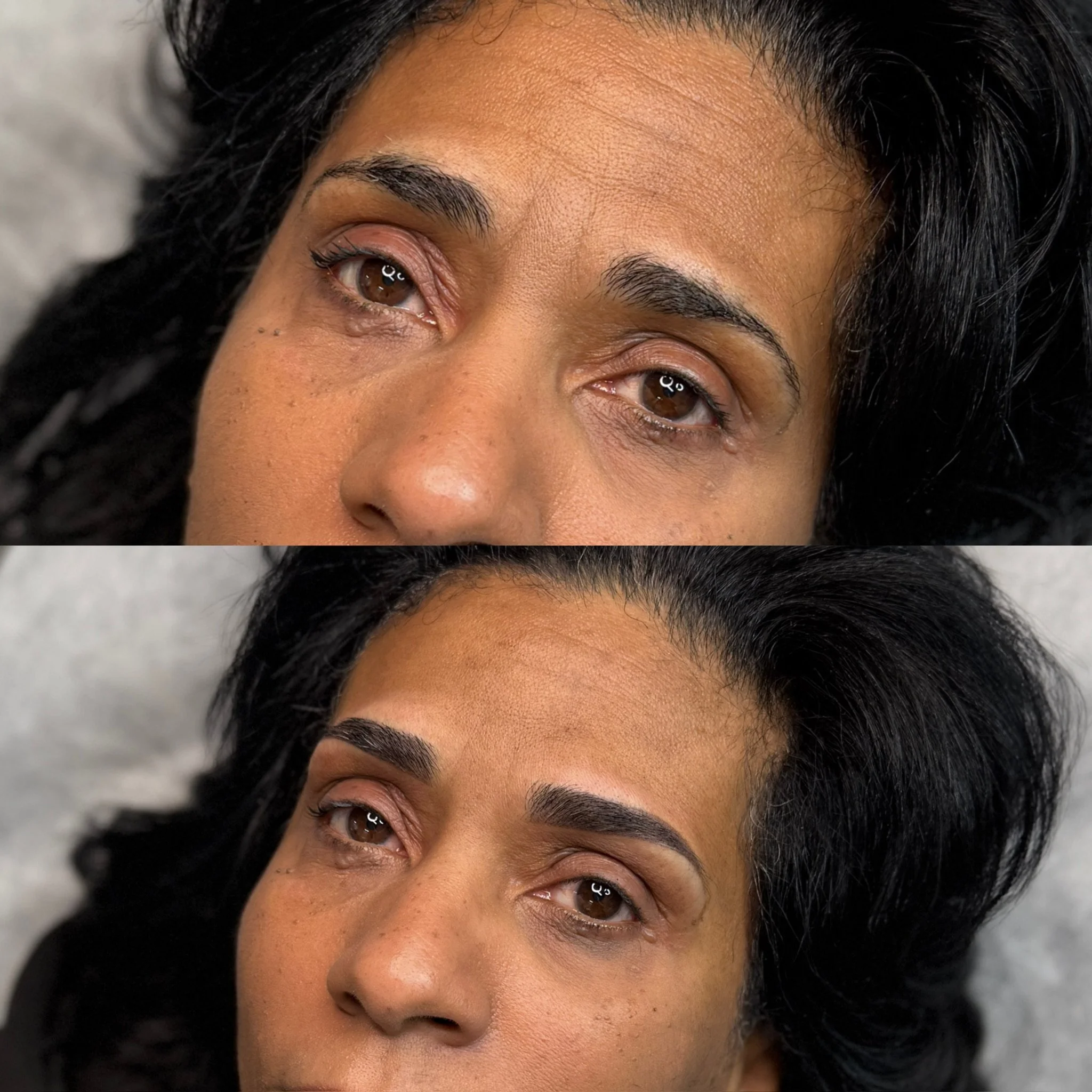 Close-up of a woman with dark hair, showing a before and after comparison of her eyebrows. The top image shows natural, unshaped eyebrows, while the bottom image shows groomed, filled-in, and shaped eyebrows.