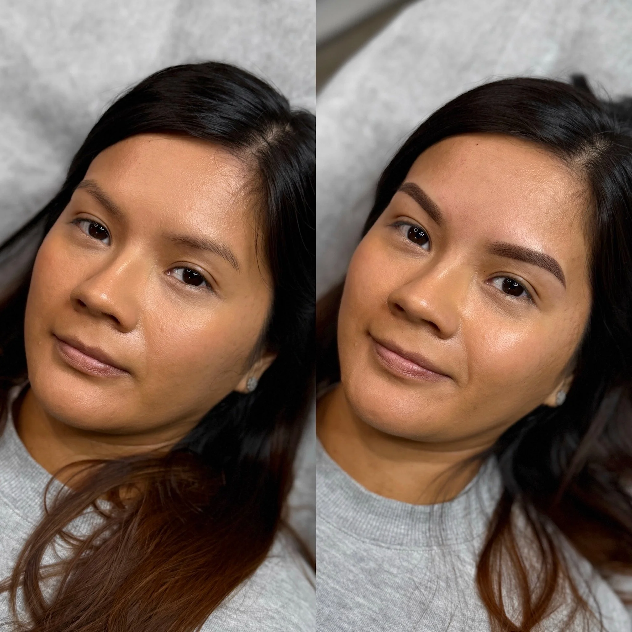 Side-by-side comparison of a woman’s face before and after makeup, showing natural and enhanced appearances with fuller eyebrows and smoother skin.