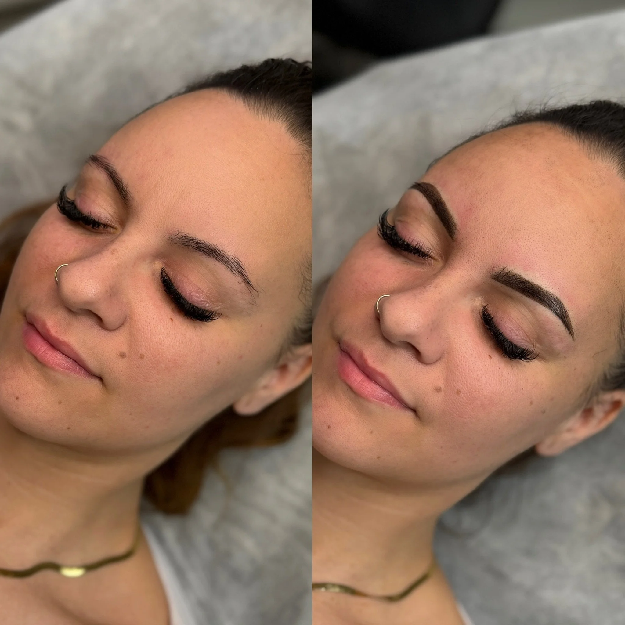 Comparison of a woman's face before and after eyebrow microblading, showing natural and enhanced, fuller eyebrows.