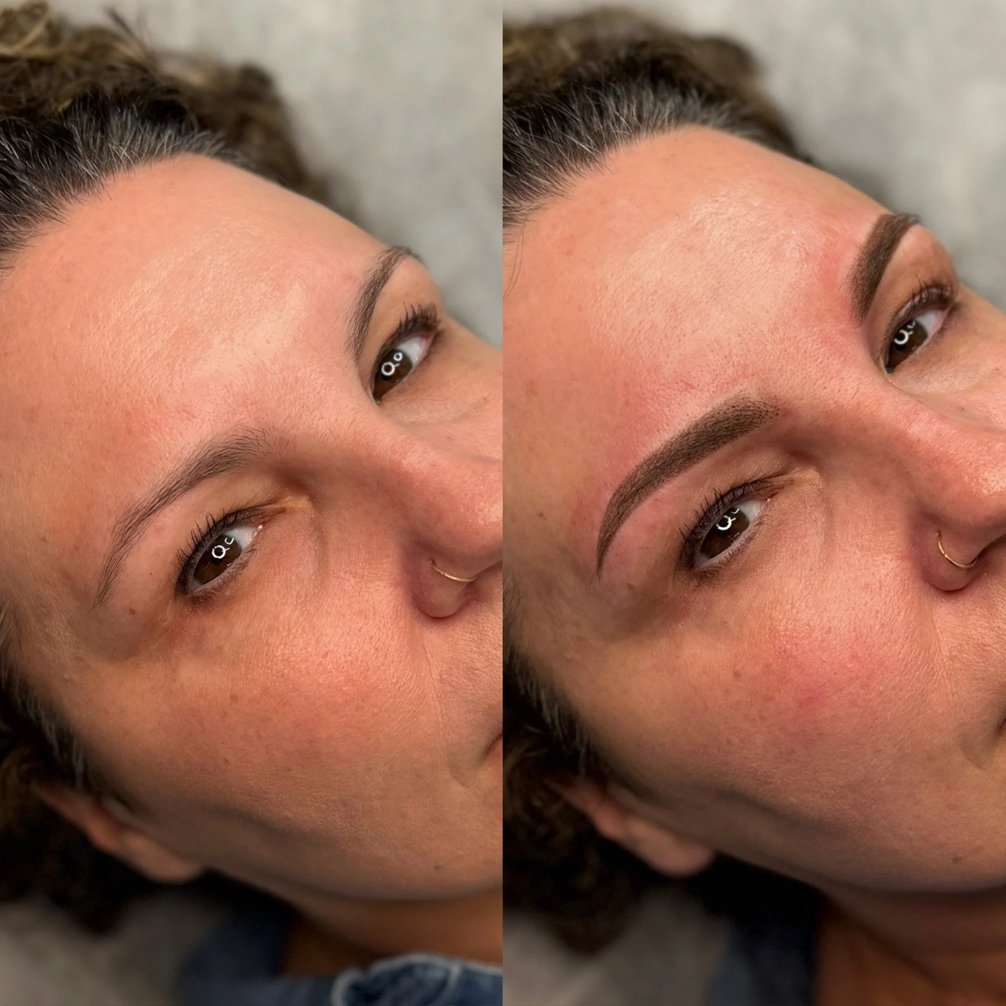 Side-by-side comparison of a woman's face before and after eyebrow microblading, showing newly defined, fuller eyebrows on the right.