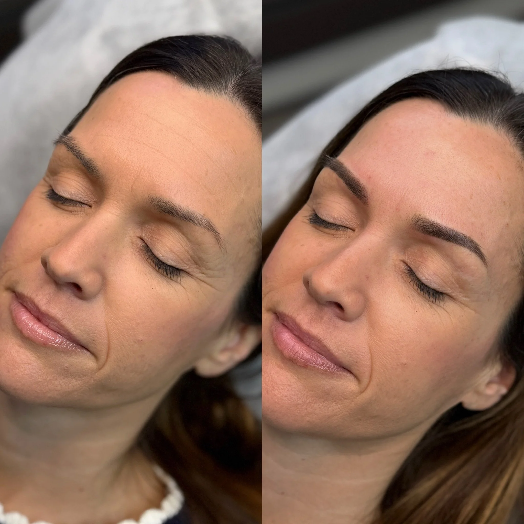 Side-by-side comparison of a woman with freshly applied eyebrow makeup, showing before and after results, with her eyes closed.